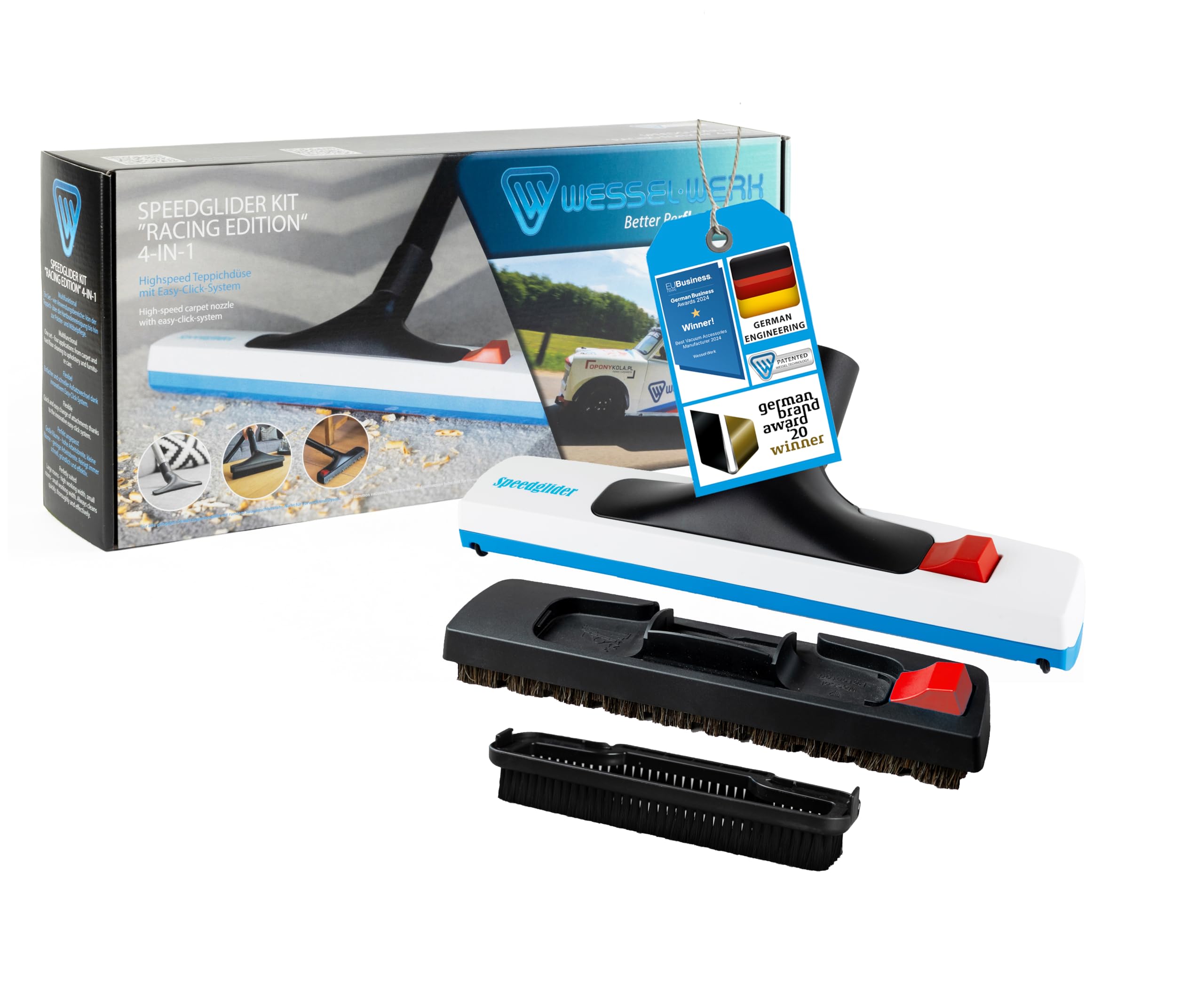 Wessel-Werk Speedglider Kit Hartboden 4-in-1 | Staubsaugerdüsen-Set für Teppich, Hartböden, Möbel, Polster | 4-teilig | inklusive Universal-Adapter | passend von 32-38mm