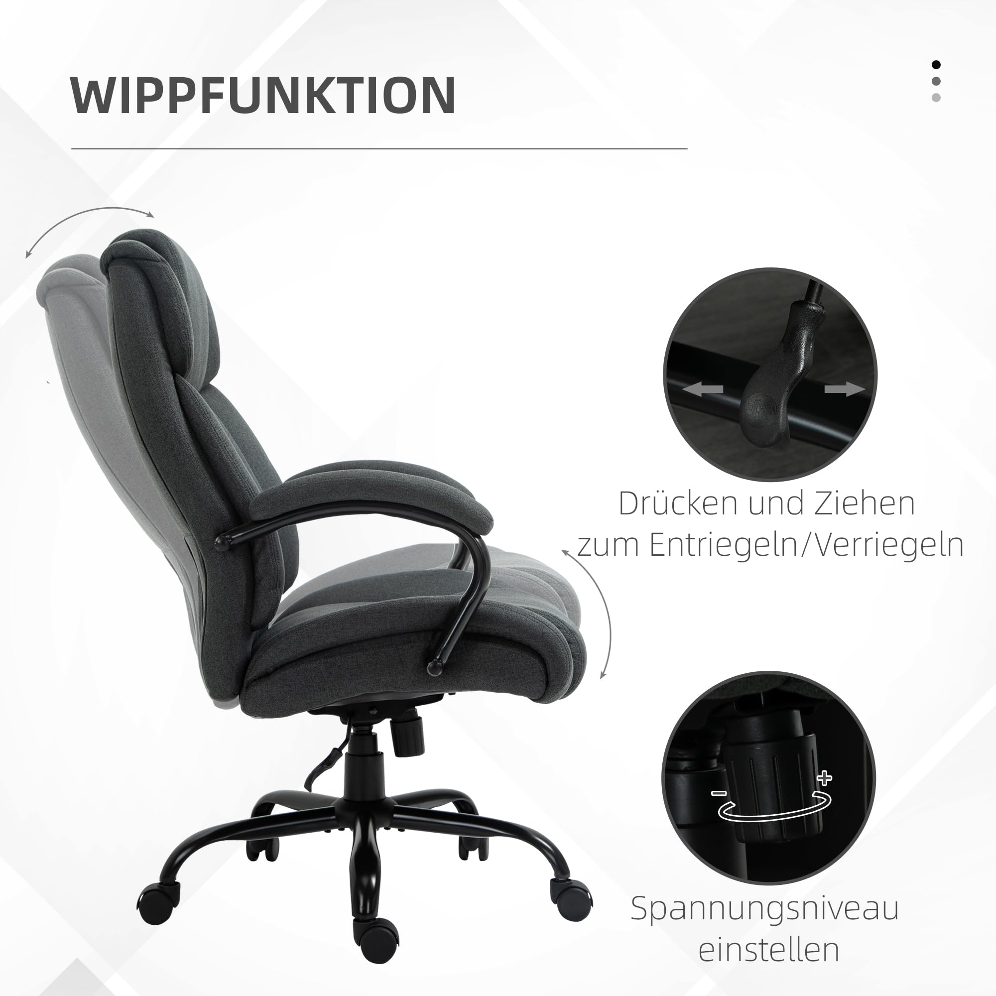 Vinsetto Bürostuhl, Ergonomischer Chefsessel bis 220 kg belastbar, Gepolsterter Schreibtischstuhl mit Armlehne, breit Sitz, Höhenverstellbarer Drehstuhl mit Wippfunktion, Leinenoptik, Dunkelgrau