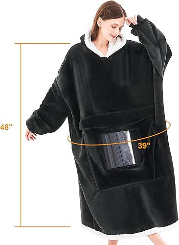 Miniatura 4 de IVOKO Manta con capucha de gran tamaño de forro polar Sherpa con capucha con doble bolsillo visible, acogedora y gigante, manta con capucha plegable