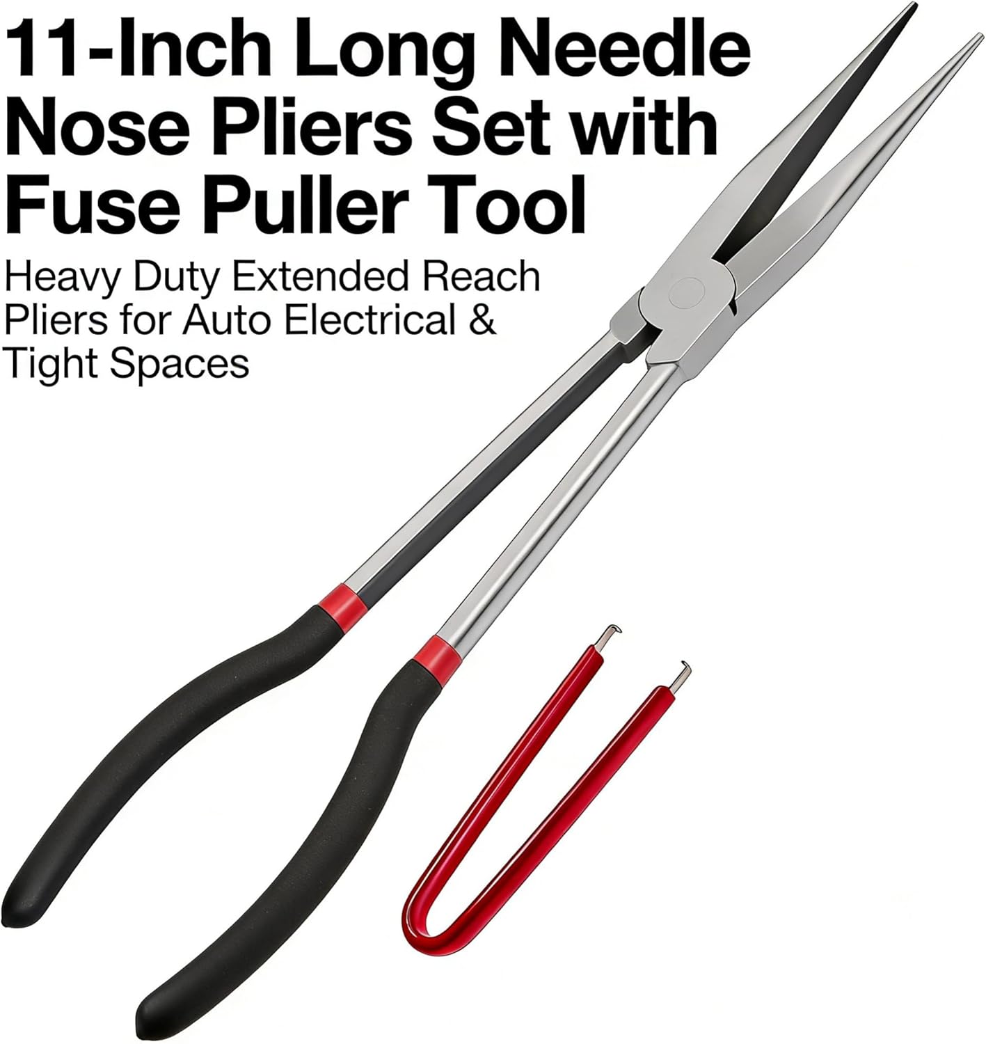 11-Inch Extra Long Needle Nose Pliers with Fuse Puller Tool - Heavy Duty Long Reach Needlenose Pliers with Non-Slip Grips for Electrical Work, Automotive, Fishing, Jewelry Making