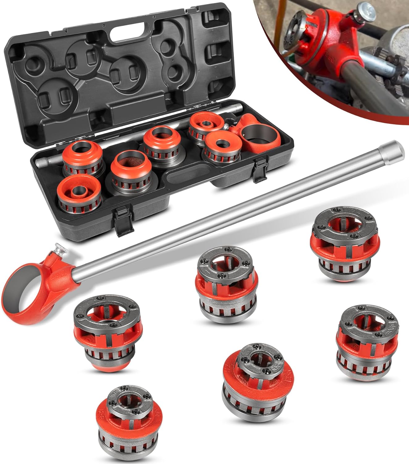 36475 12-R Manual Exposed Ratchet Pipe Threader Set with 6 NPT Die Heads, 1/2" - 2" NPT Portable Ratcheting Pipe Threading Tool Kit with Storage Case for 1/8" to 2" Plumbing Installation and Repair