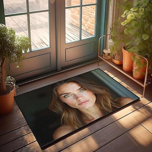 Felpudo de entrada al aire libre divertido a mujer con pelo castaño largo mirando directamente a la cámara. Felpudo rústico de cocina, decoración