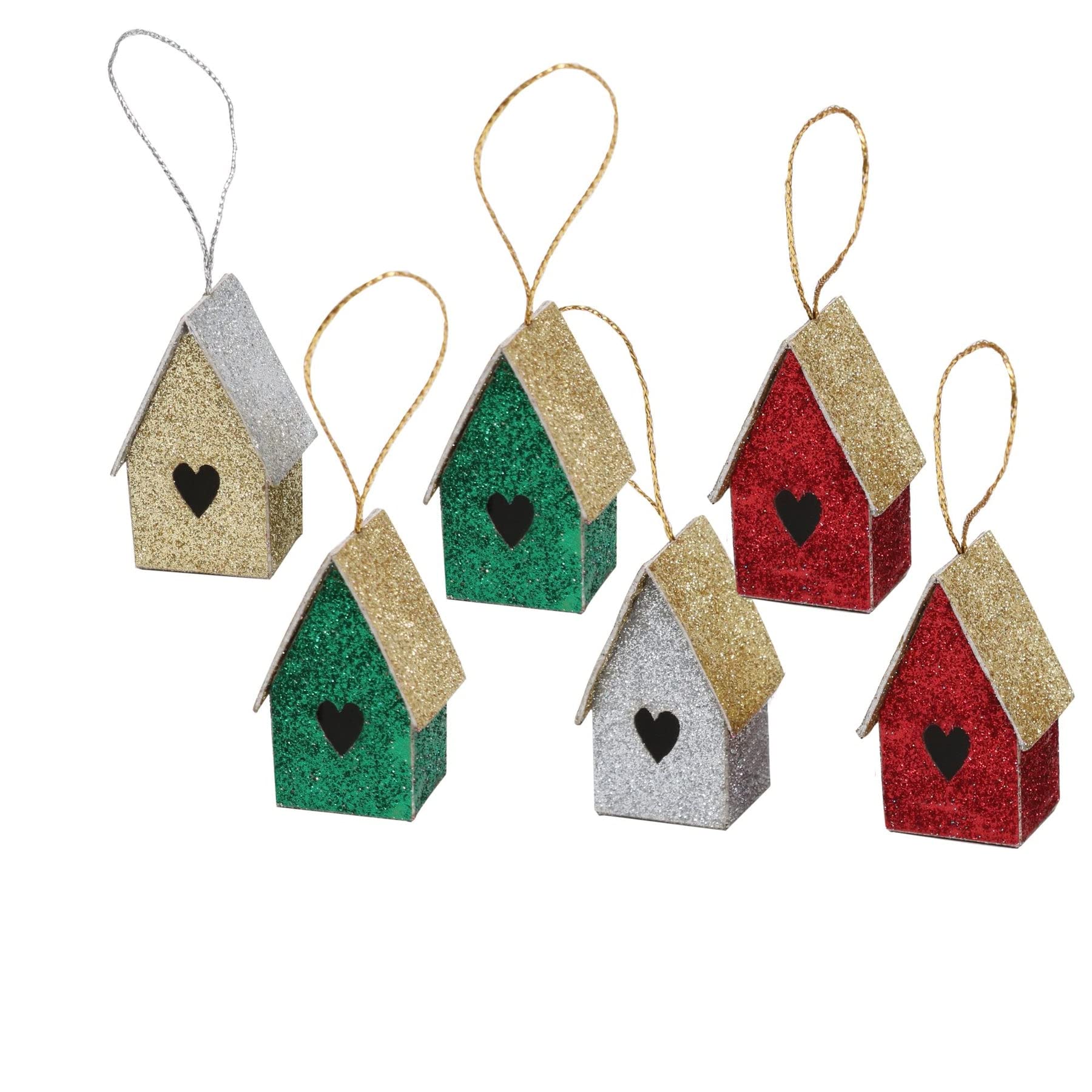 Little Birdie Handmade Christmas Ornaments Glitter Bird House H2 X W2 X L1.18 inch Heart Ass Col Gold Red Green Si |Christmas Party Decorative Props