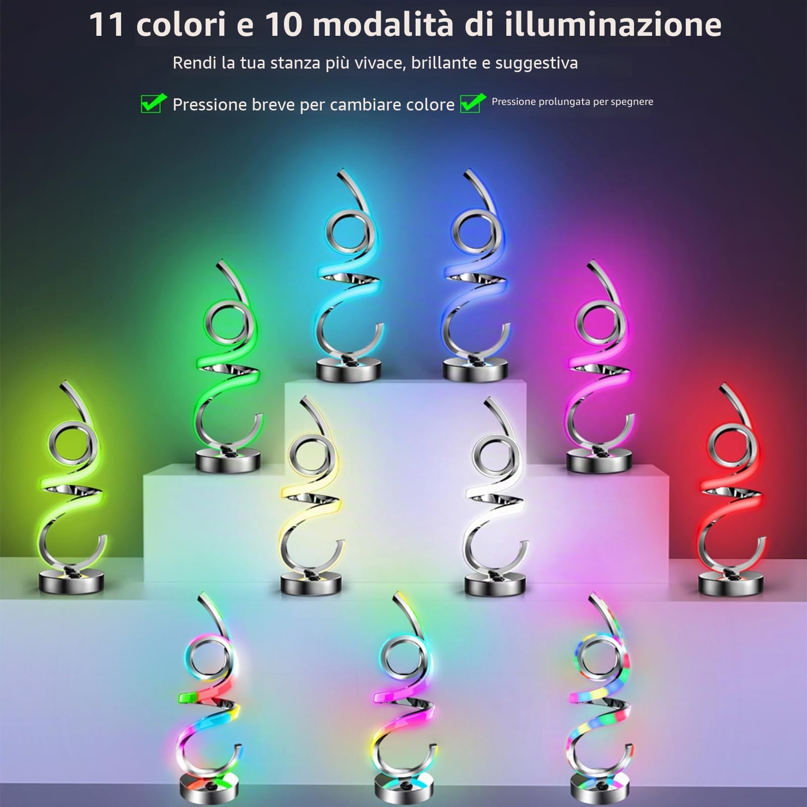 Lampada da comodino a LED dimmerabile, RGB bianco caldo, senza fili, a spirale, moderna, con batteria, ricaricabile, 10 modalità dinamiche con telecomando e timer, luce notturna per camera da letto