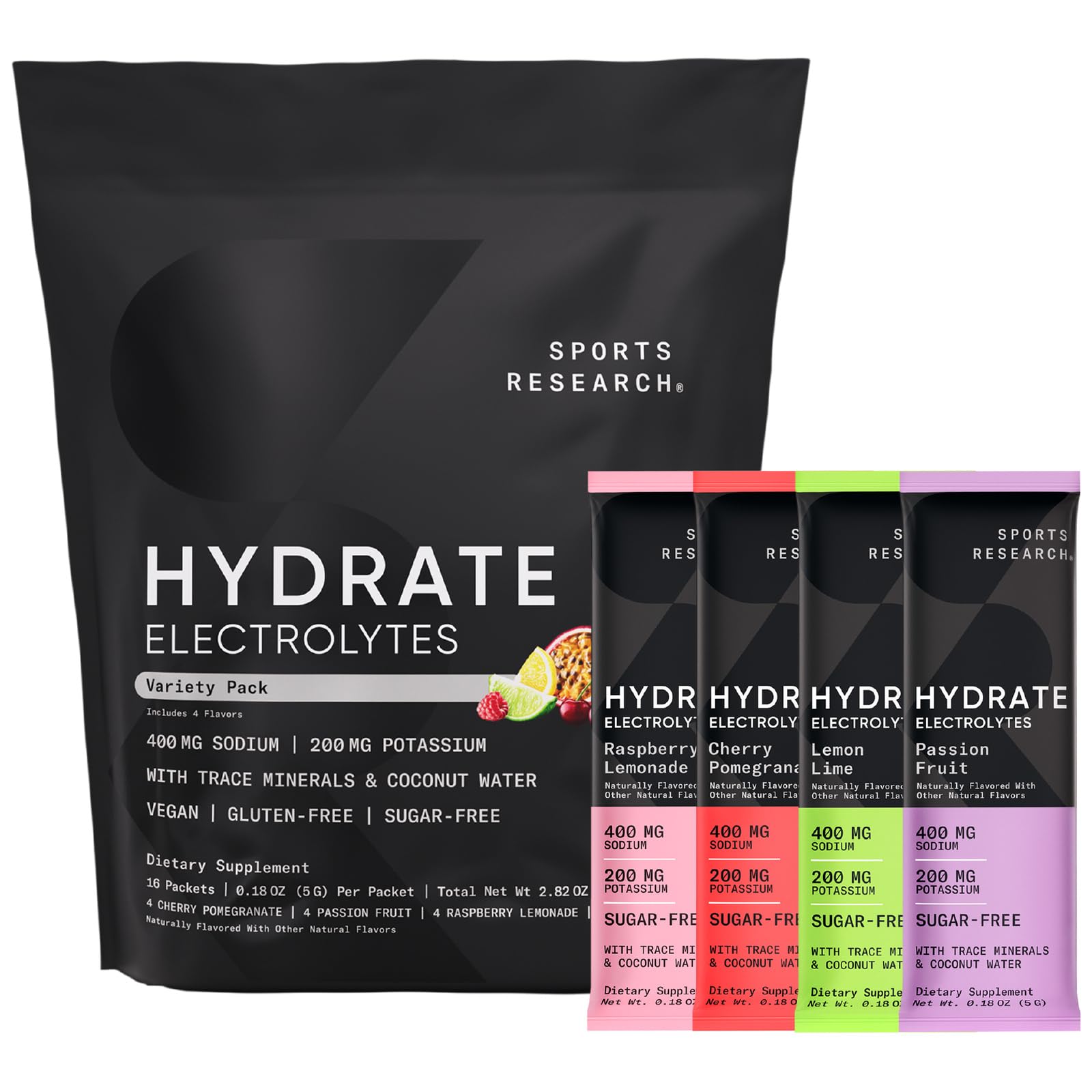 Sports Research® Hydrate Electrolytes Powder Packets - Sugar-Free & Naturally Flavored with Vitamins, Minerals, and Coconut Water - Supports Hydration - 16 Packets - Variety Pack