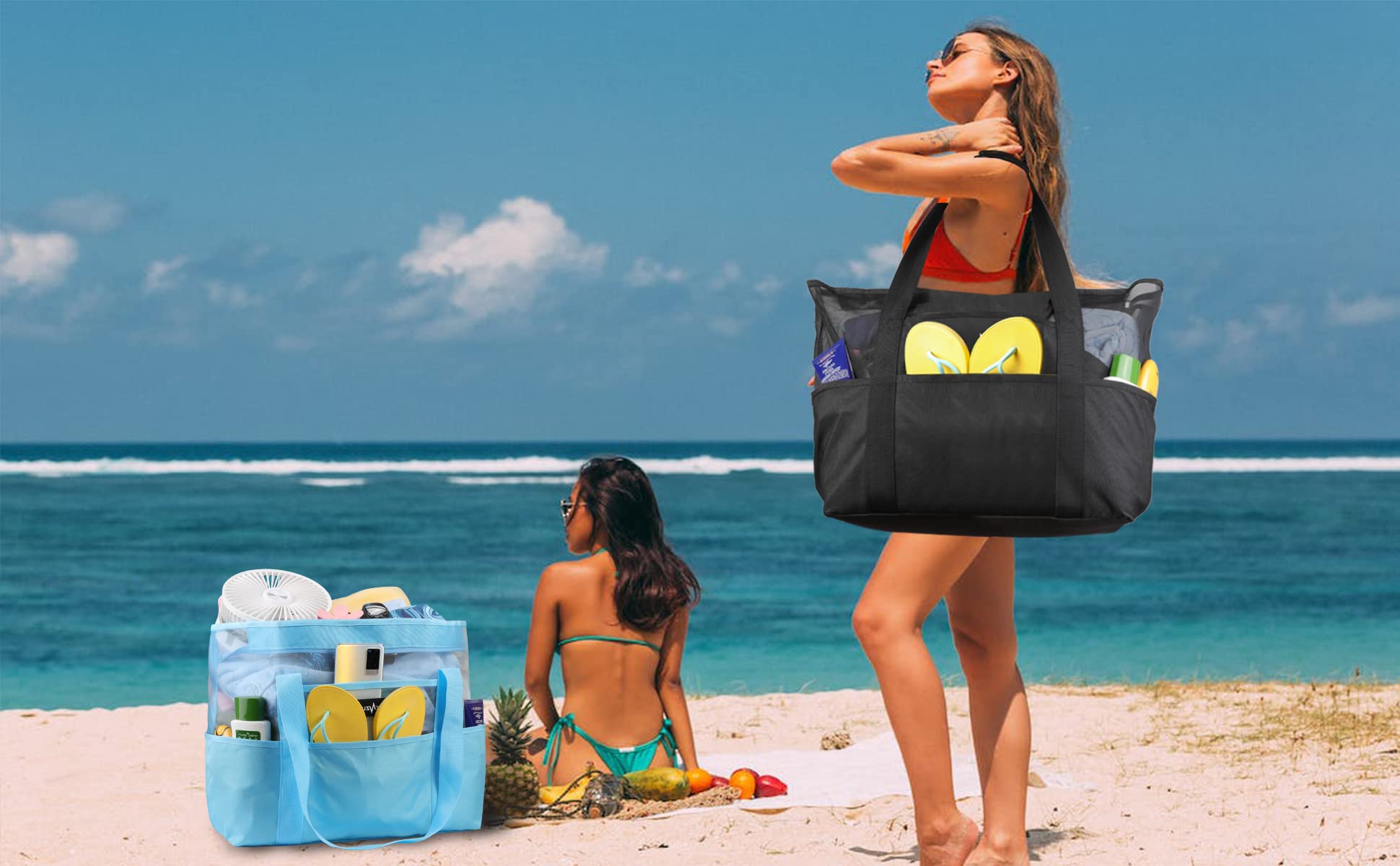 Sac de Plage Grand en Maille avec Fermeture Éclair, Fourre-Tout de Plage Anti-Sable Pliable Main Sac, Piscine Voyage L'été Vacances Vêtements Jouets Gym
