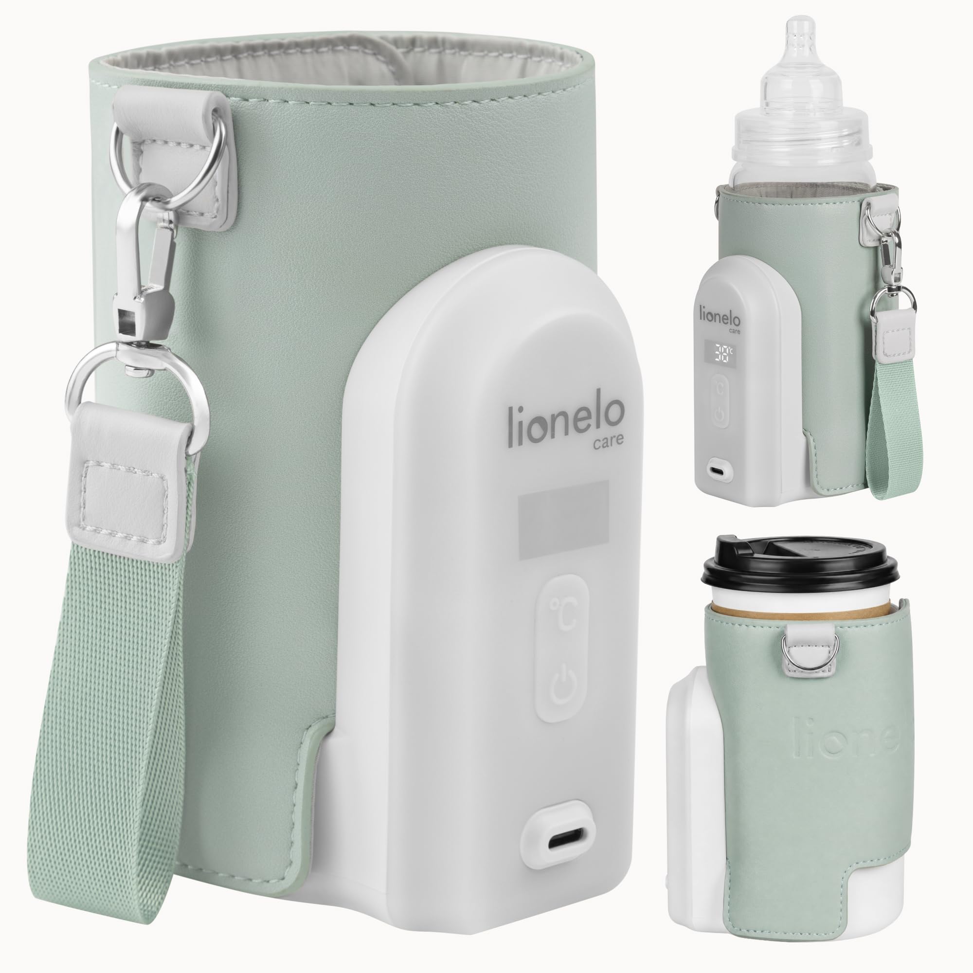 Lionelo Thermup Go Evo Advanced Portable Bottle Warmer with USB-C 9hr Battery LCD Display 5 Temperature Settings 38-50°C Fits 50-80mm Bottles, Car Charger Compatible, Safety Control (Green SAGE, EVO)
