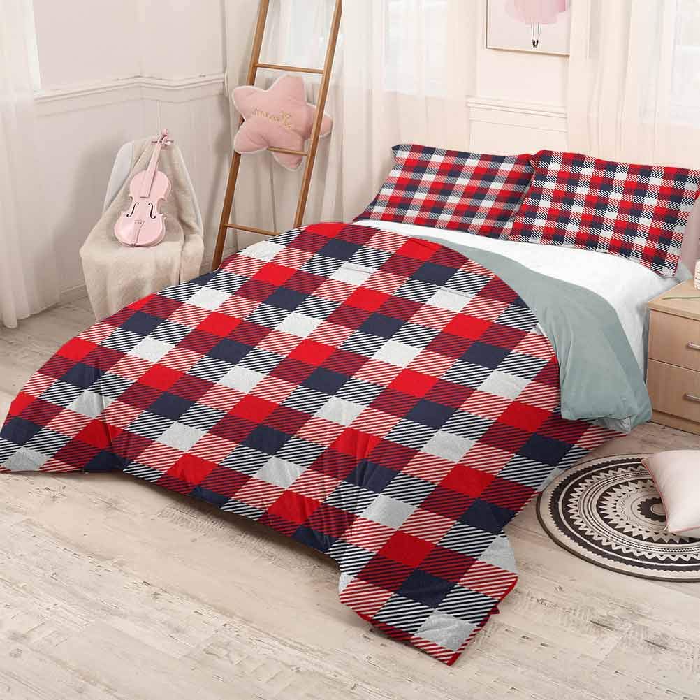 prunushome Plaid 3-Piece Quilt SetCheckered Pattern Vintage Squares Tartan Motif Abstract Traditional Printing Bedclothes Decor Vermilion Dark Blue White 90x90in/20x30inx2