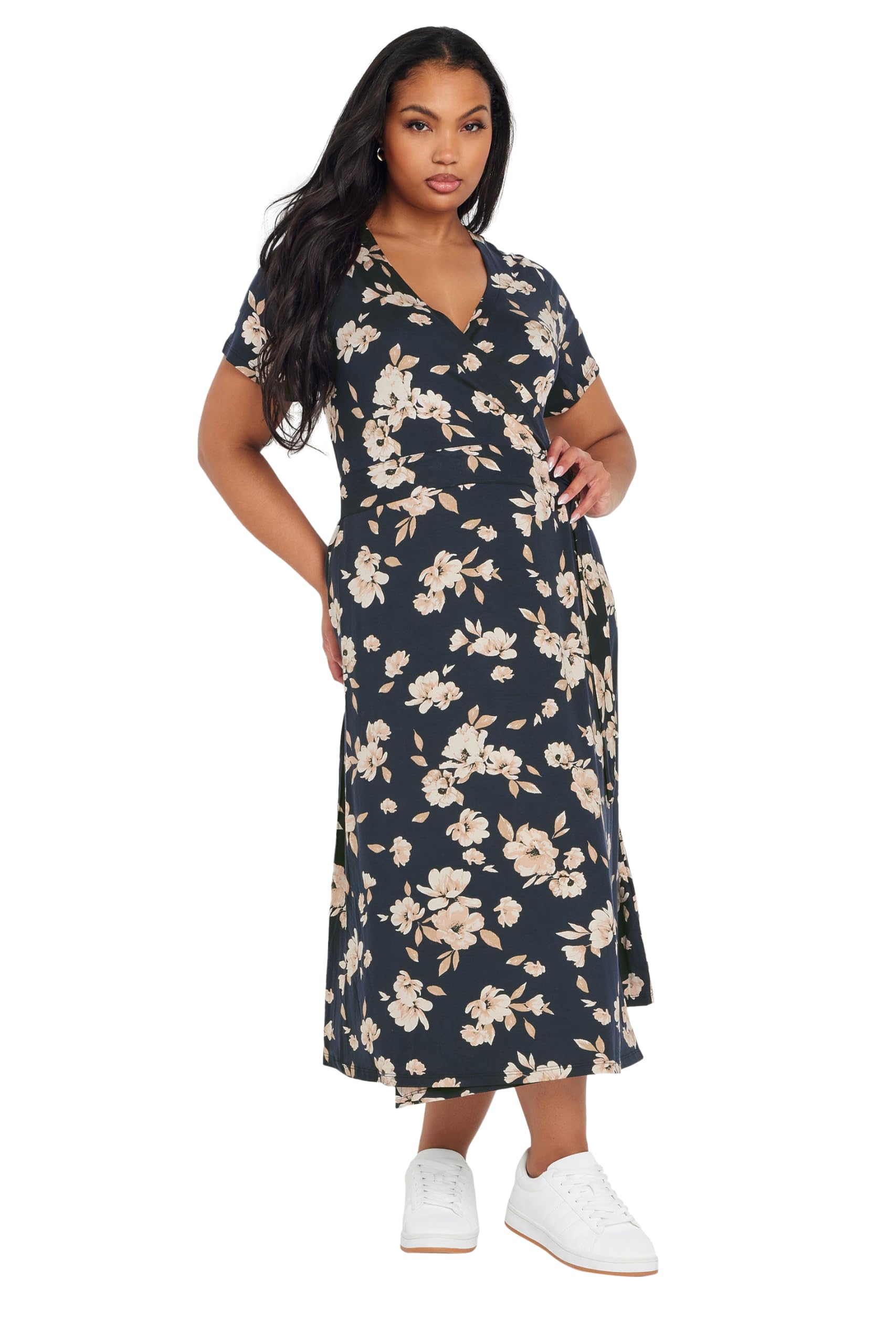 Floral Buckle Midi Dress - Yours - Dark Navy - V-Neck - Short Sleeve - Women's Size 22-24