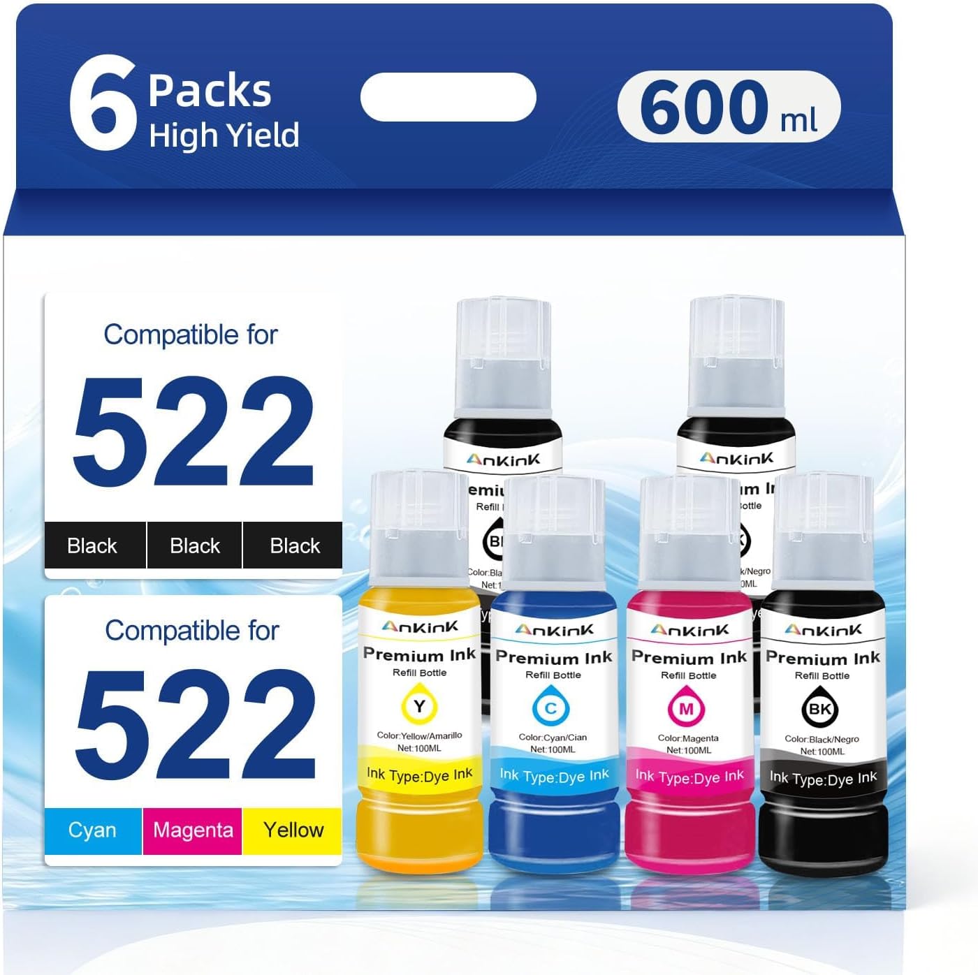 522 Ink Refill Bottles (6-Bottles) Replacement for Epson 522 ink T522 High Capacity for ET-2800 ET-2803 ET-2700 ET-2720 ET-2760 ET-3750 ET-3760 ET-4700 ET-2750 ET-4800 ET-2850 Printers(3BK C M Y)