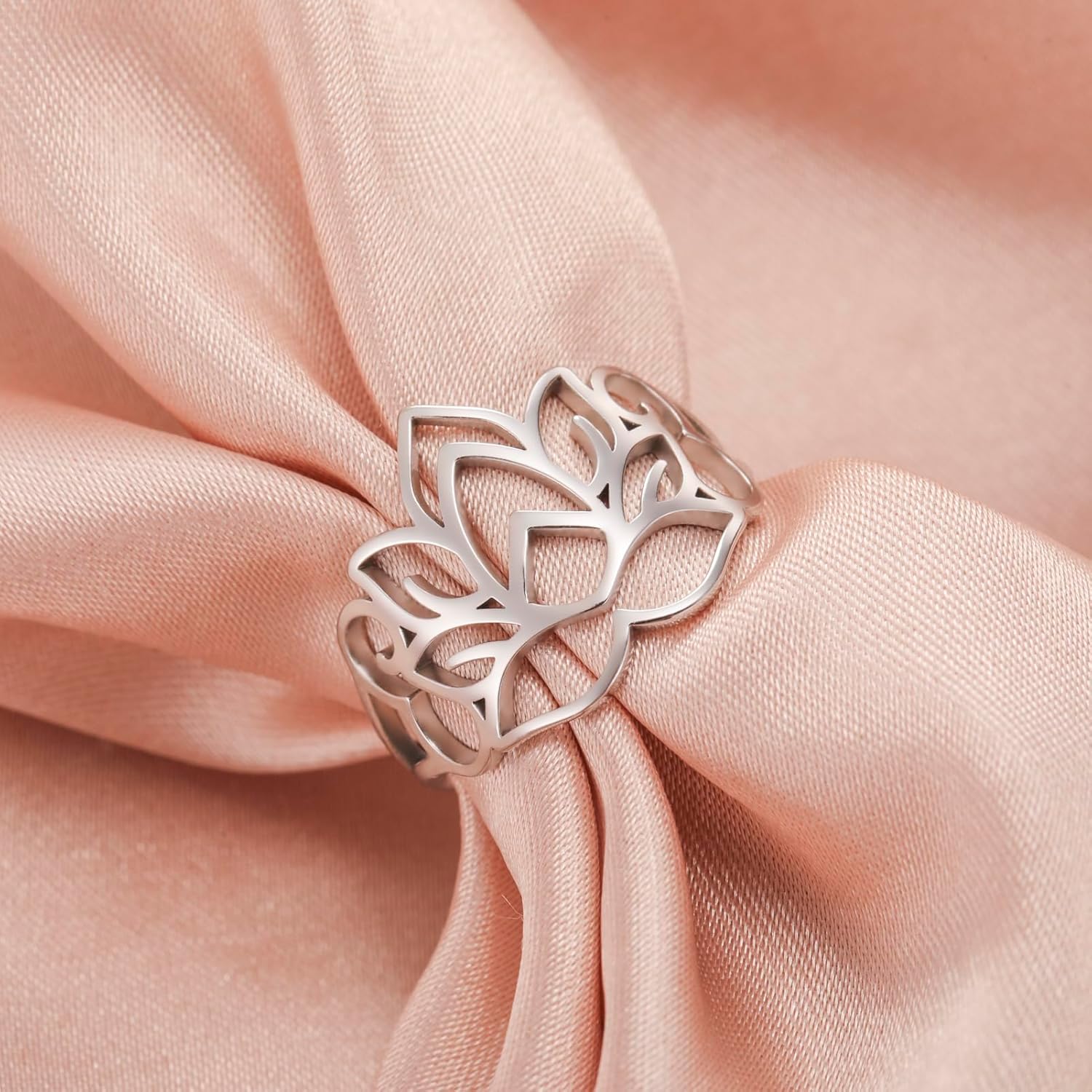 TEAMER Lotus Flower Ring Stainless Steel Filigree Lotus Ring Geometric Yoga Meditation Ring Inspirational Jewelry for Women - Image 3