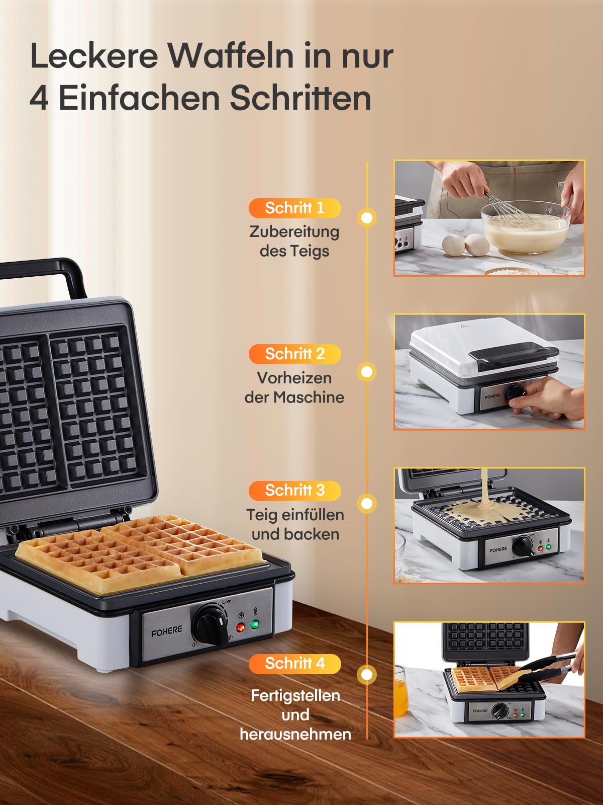 XL 2er Waffeleisen | 1200 Watt | Waffelautomat | Paninigrill | Waffeltoaster | Waffle Maker | Elektrogrill | XXL Wafflemaker | Waffel Eisen | Antihaftbeschichter FOHERE Waffelmacher