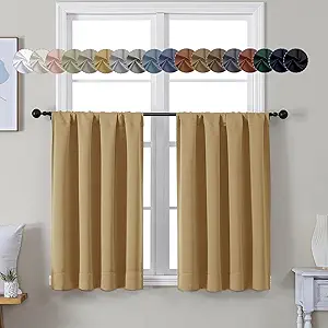 Simplebrand Ava Gold Short 36 Inches Blackout Curtain 2 Panels Set, Half Window Rod Pocket Privacy Curtain Tiers for Kitchen, Curtains Blackout for Bathroom Shades, W40 x L36 Inch, Gold