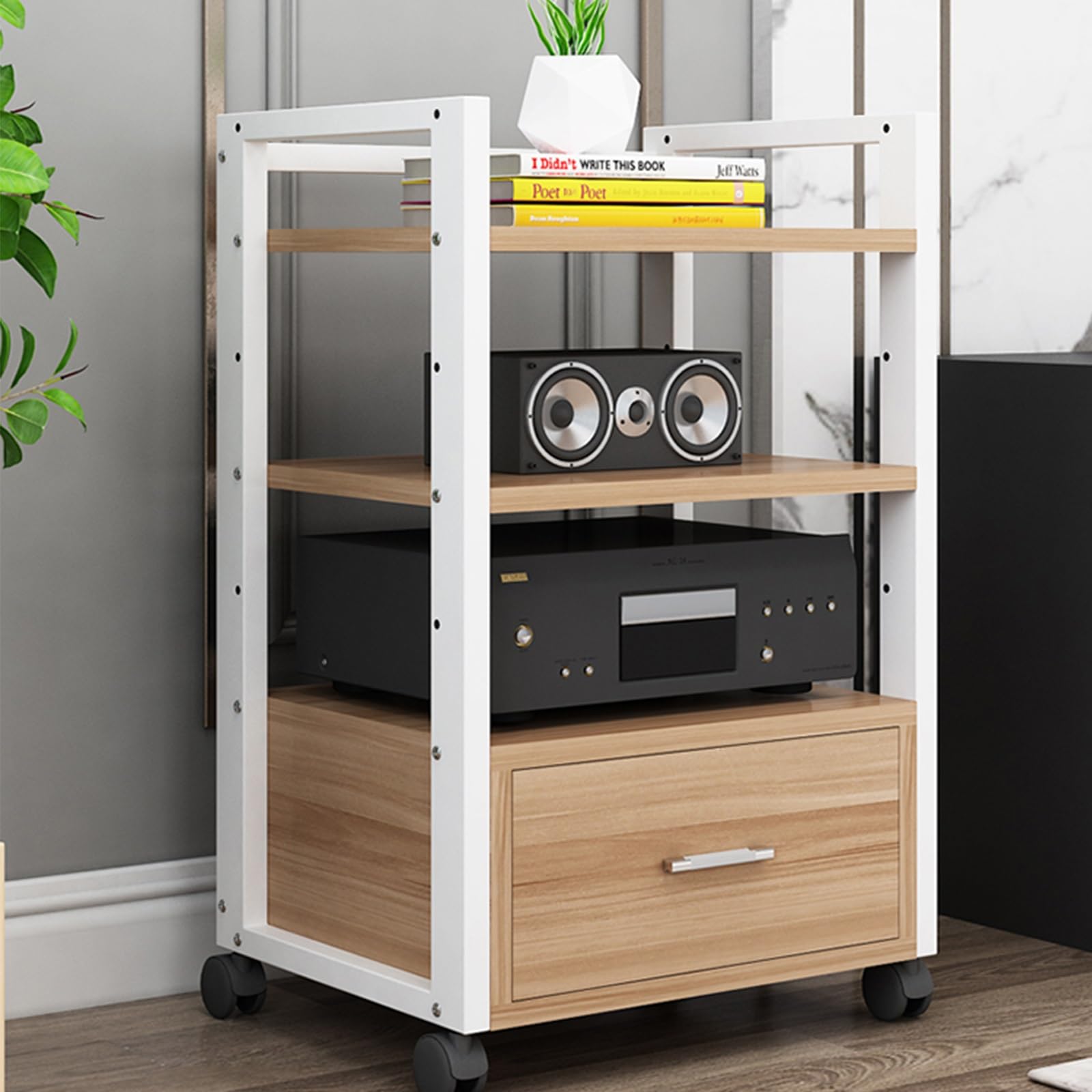 Rack AV à roulettes en bois pour platine vinyle et équipement de stockage vidéo