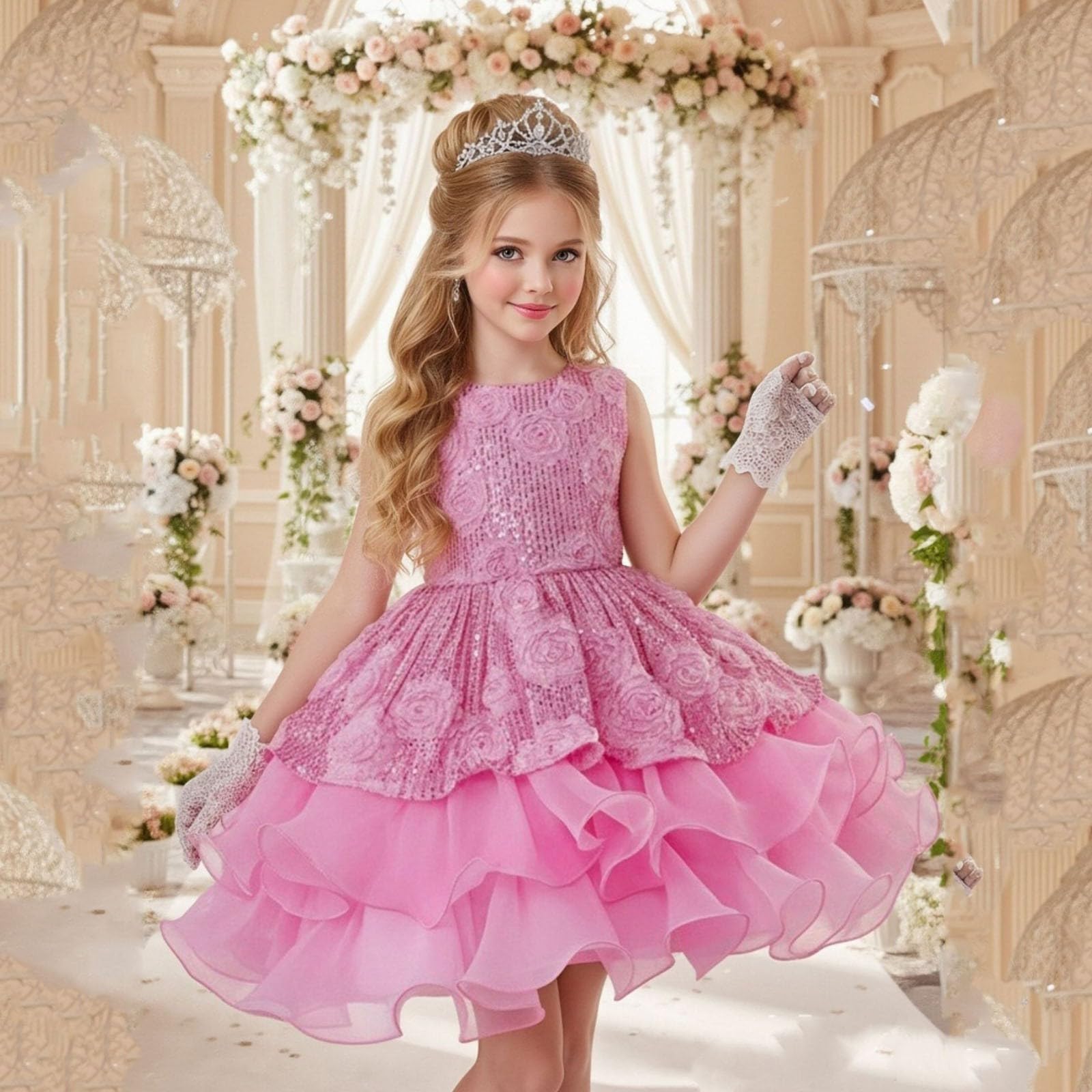 Elegante abito da sera da ragazza, rosa, con paillettes, gonna per bambini, in tulle bianco, gonna con glitter