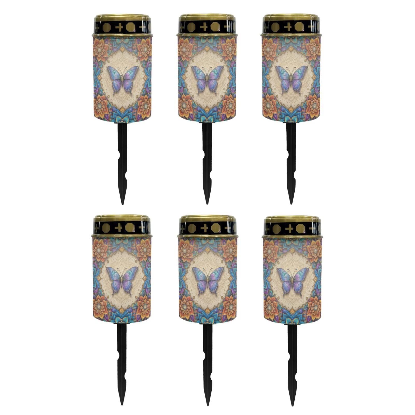 Poceacles Solar Powered Outdoor Lights Cemetery Solar Memorial Lights Outdoor Waterproof Landscape Candles for Yard Patio Lawn Home Decor, Bohemian Floral Butterfly Blue, Pack of 6