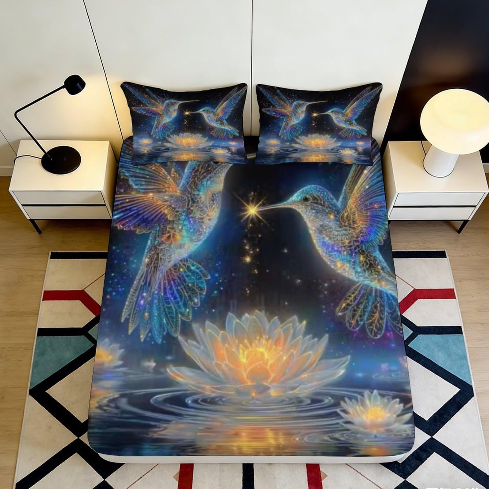 3D Printed Hummingbird Lotus Fitted Sheet Microfiber Soft Decor Bedroom Dorm Mattress Cover Anti-Slip Washable 180x200x25cm