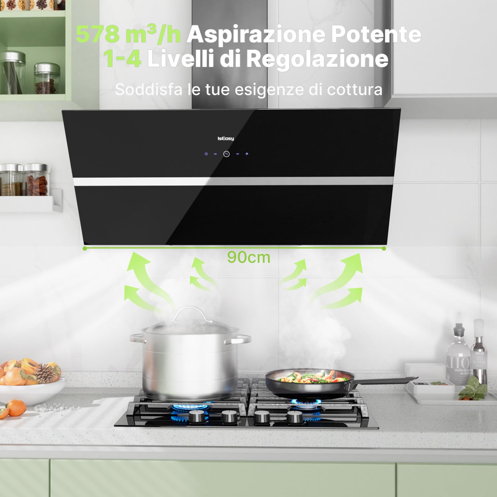 IsEasy Cappa Aspirante 90 cm con 578 m³/h Forte Potenza di Aspirazione, Cappa Cucina 90 cm di Scarico/Ricircolo, 4 Livelli di Regolazione, Ritardo 1-9 Minuti, 58 dB, Nero, Efficienza A++