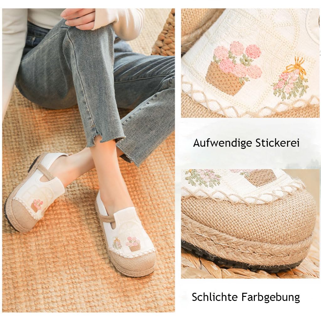 Espadryle dla kobiet, lniane buty damskie na lato z podeszwą z juty, ręcznie haftowane wygodne wsuwane buty na co dzień