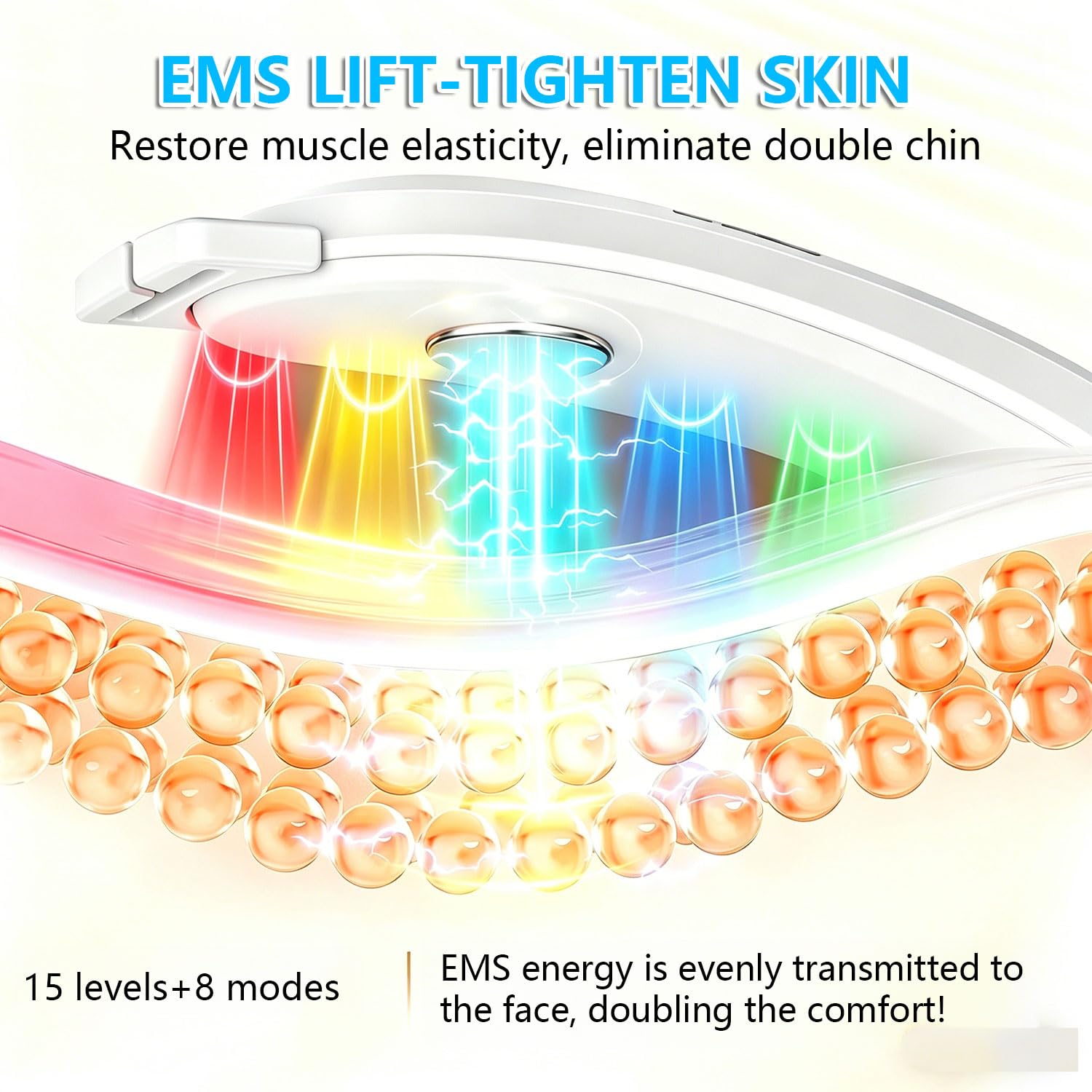 Dispositivo Rassodante Viso EMS Pieghevole a 180°, Massaggiatore Lifting con 8 Modalità e 15 Livelli di Intensità, Luci LED Multicolore Riscaldante per Eliminare Doppio Mentone, Auto-Spegnimento Dopo