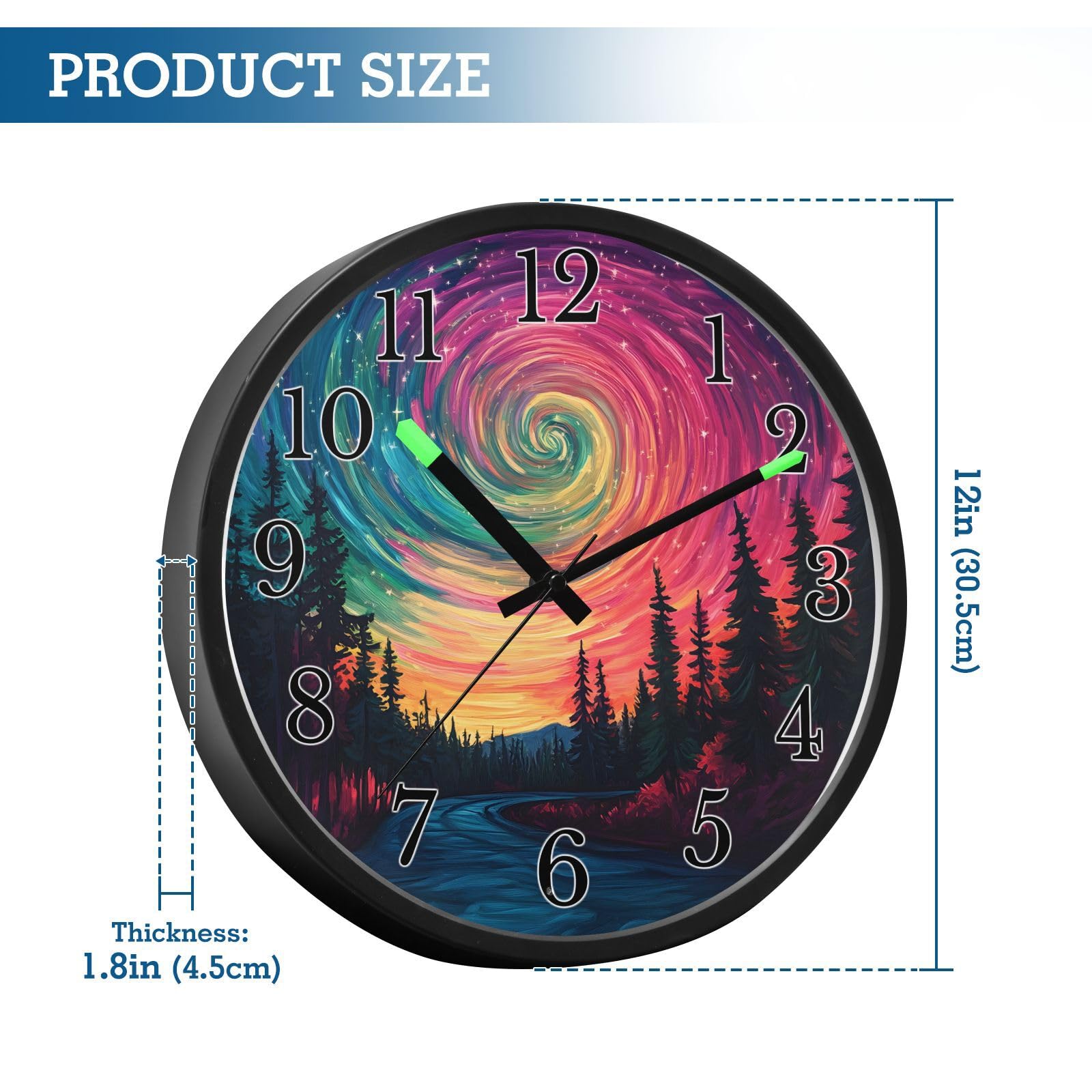 Mnsruu Star Swirl Road Forest Night - Reloj de pared luminoso para dormitorio, funciona con pilas, silencioso, brilla en la oscuridad, para sala de estar, cocina, 12 pulgadas