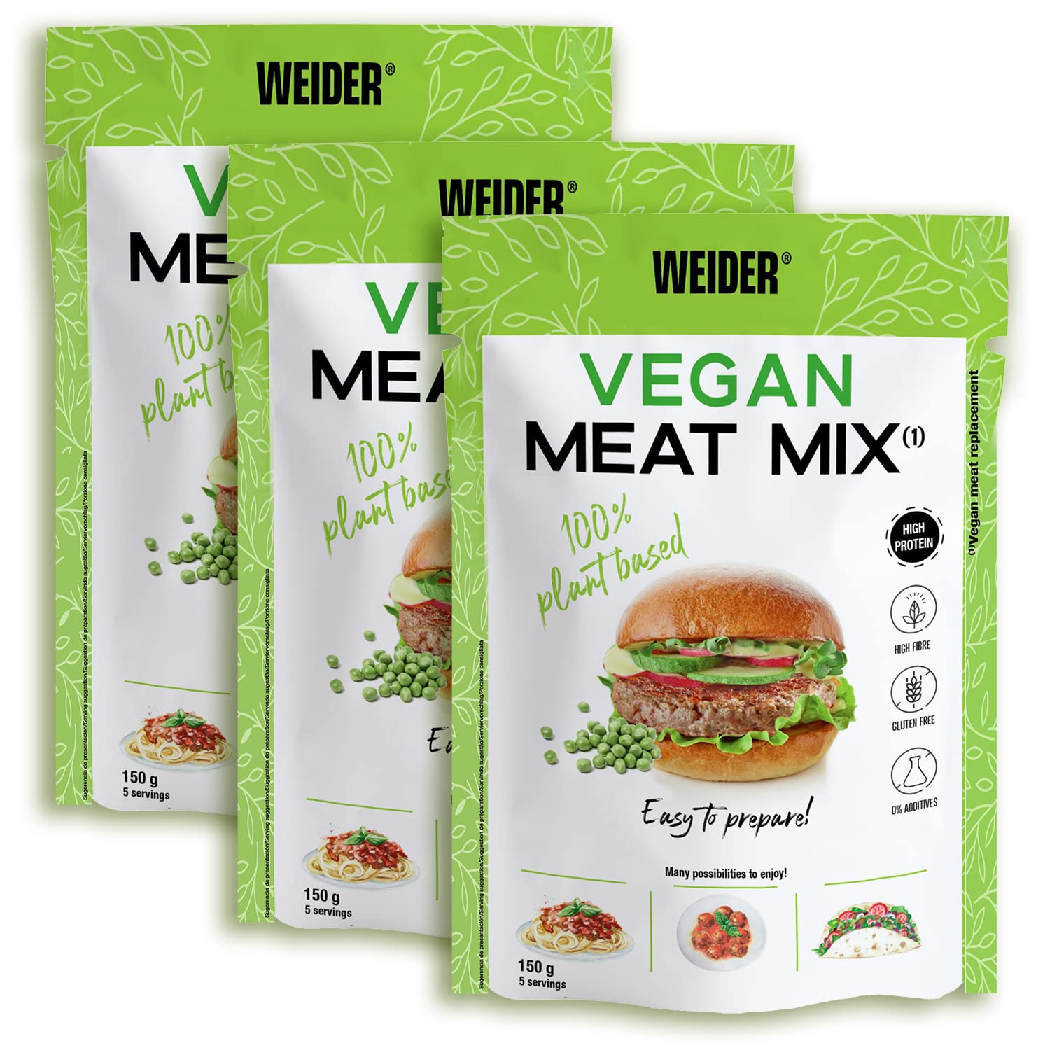 Weider Pack Vegan Meat Mix - 3 Unidades. Sustitutivo de carne rico en Proteina Vegetal 75% + Fibra Vegetal 20%. Sin Gluten. Sin Conservantes. Fácil Preparación. Recetas Infinitas. 3x150g