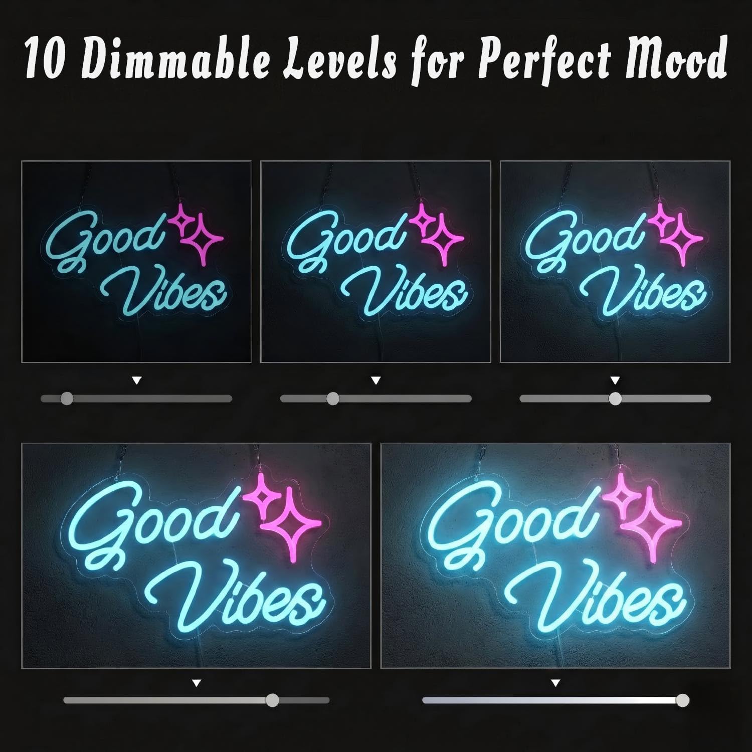 Good Vibes Neon Sign Ice Blue - 16 x 10 Inch Dimmable LED Neon Light with USB/Battery Power, Light Up Sign for Bedroom, Game Room, Living Room Wall Decor