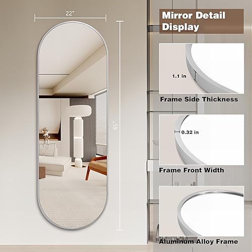 Miniatura 3 de Niccy Espejo ovalado de longitud completa de 65 x 22 pulgadas, espejo ovalado largo con marco de metal único, espejo colgante grande a prueba de