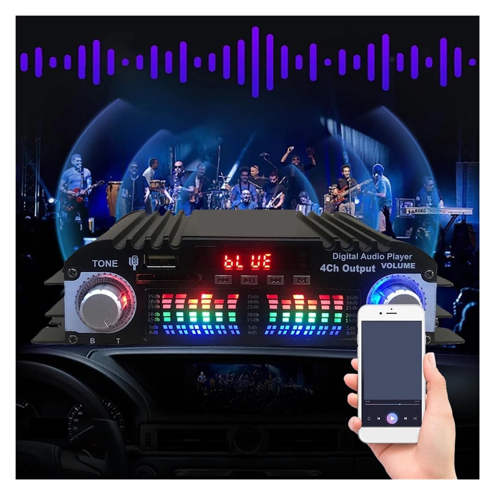 Amplificateur numérique 4 canaux, Puissance de crête 1600 W, Compatible USB et Bluetooth, Mini chaîne Hi-FI stéréo Compact et Intelligent