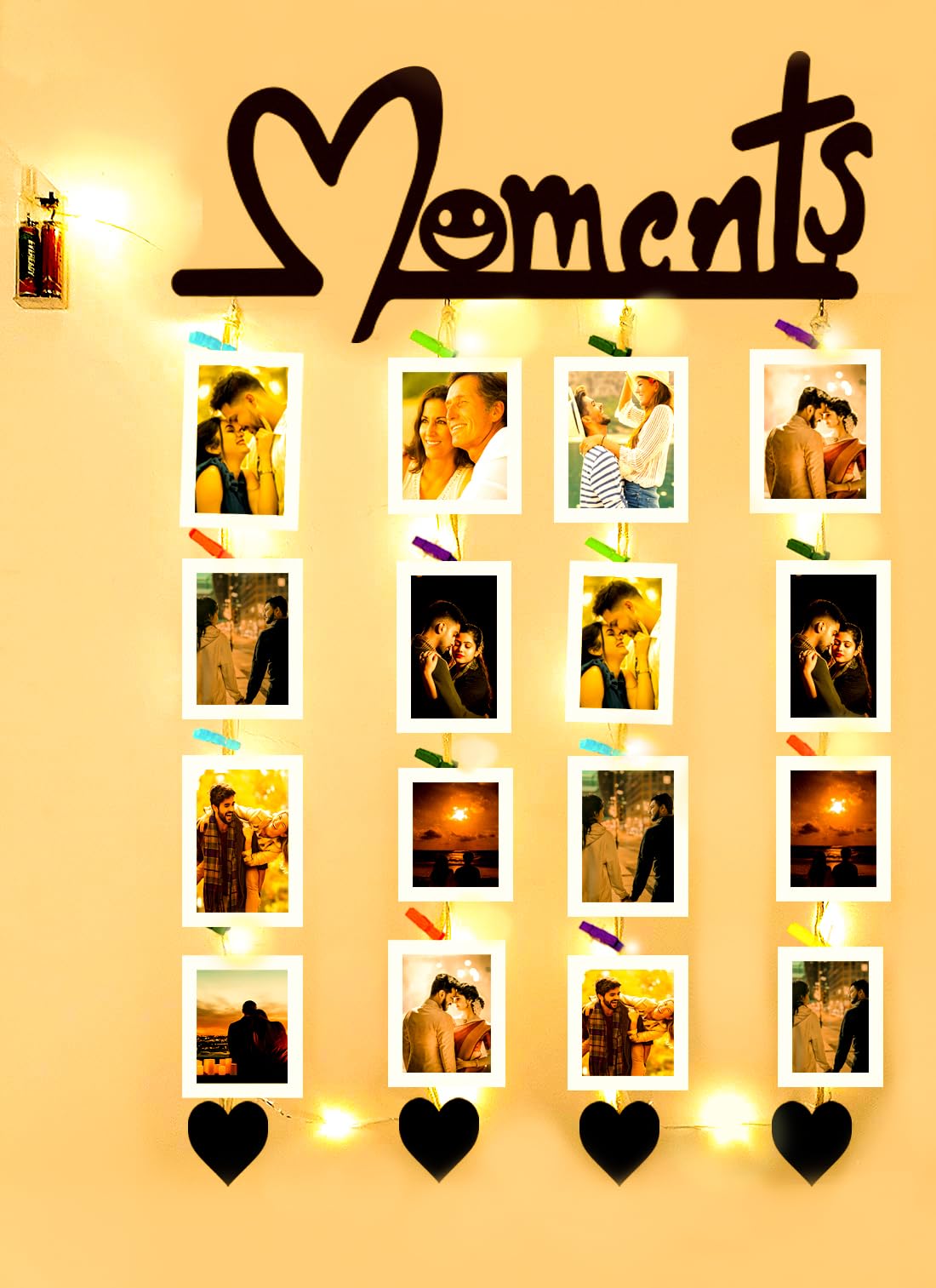 Khush Its Amazing Wood Moments Heart With LED Light Hanging Photo Display, DIY Picture Photo Frame Collage Set Includes Multi colour Clips, Wall Mount