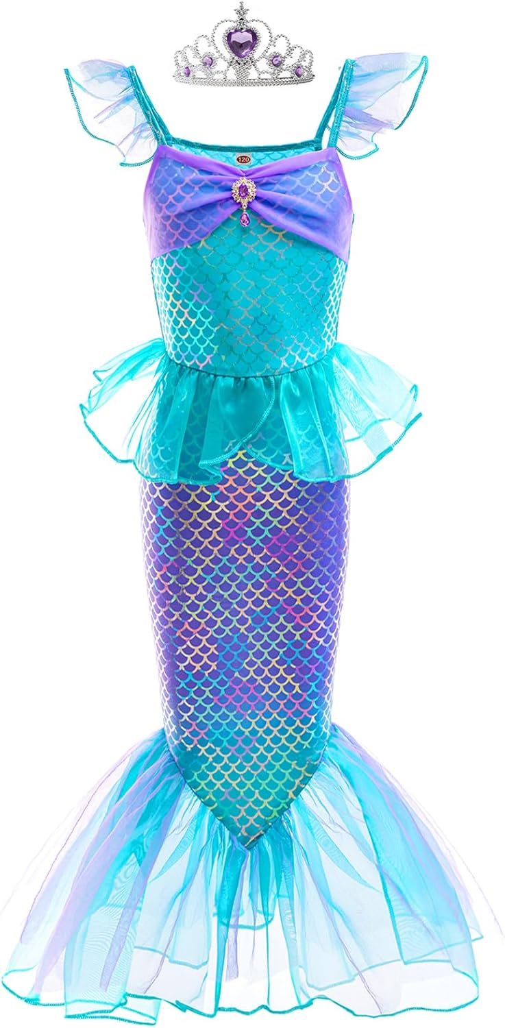 Mermaid Dress, Mermaid Tail Costume Little Girls Princess Dress up with Crown for Girl 3-8 Gift