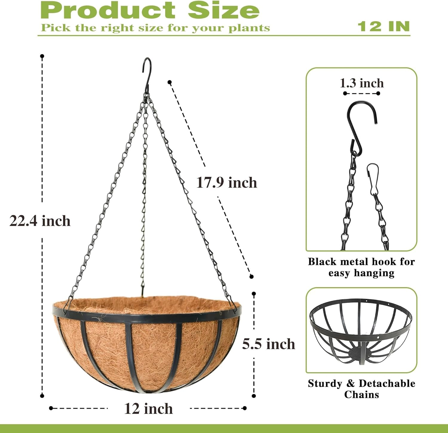 12 Inch Black Flat Iron Metal Hanging Planter Basket with Coco Coir Liner(2 Pack) Hanging Planters for Outdoor Plants Hanging Baskets for Plants Flower Pots for Deck Patio Porch Garden Balcony