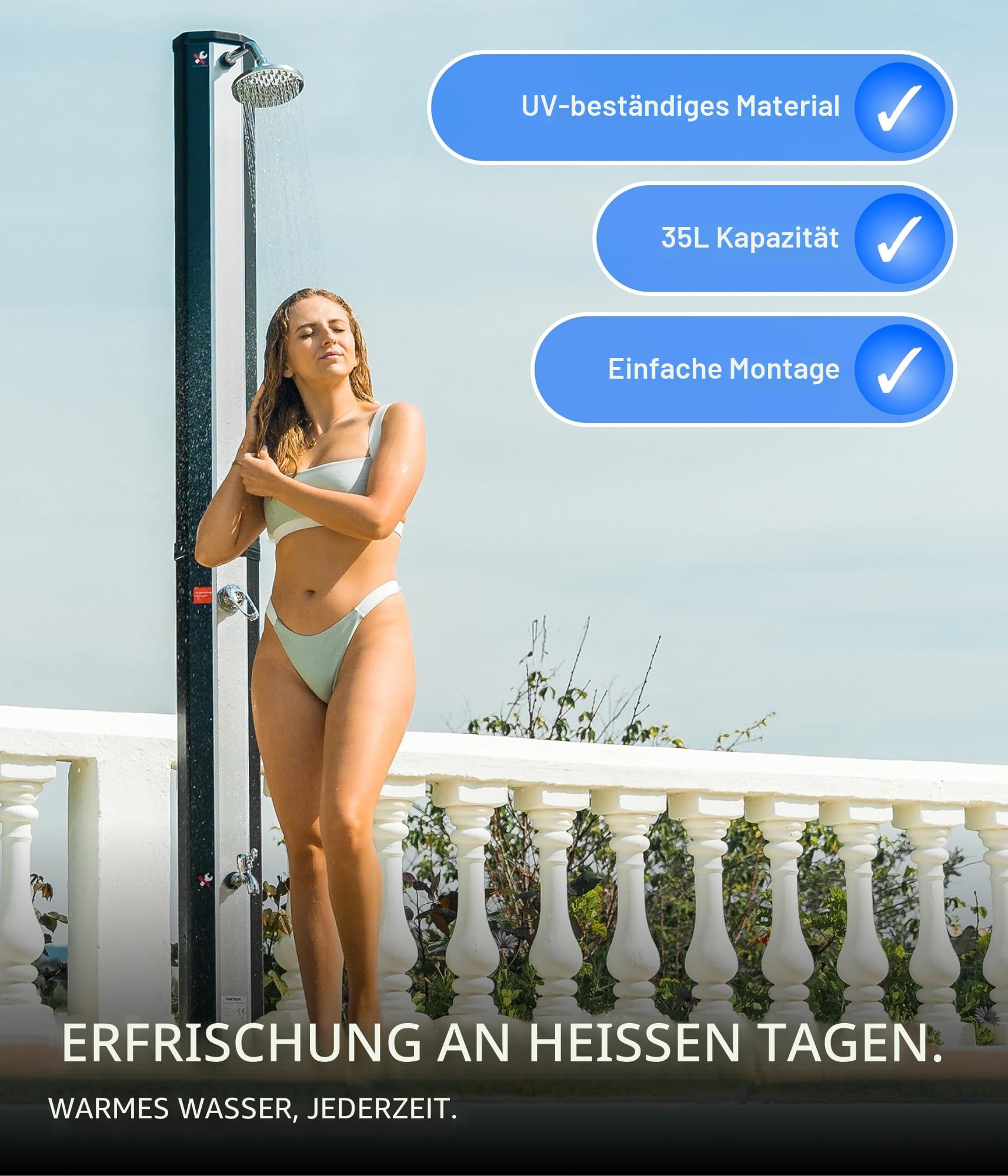 VIESTA® Solardusche 35 Liter mit Fußdusche – schwenkbarer Regenduschkopf – Solar Gartendusche/Außendusche/Pooldusche ohne Stromanschluss – Gartenschlauch-Anschluss, bis 60°C – Schwarz/Silber