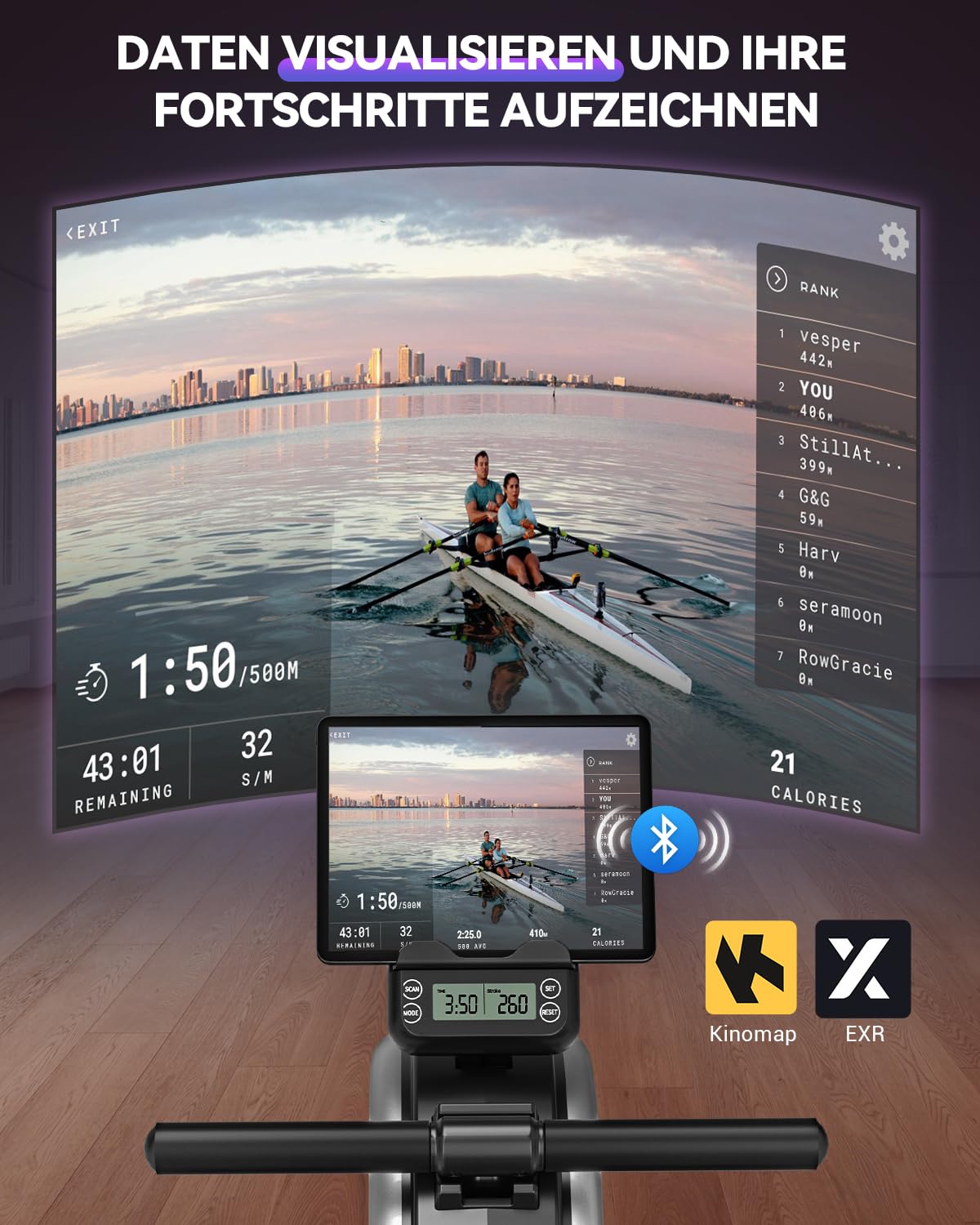 DMASUN Rudergerät für Zuhause, Magnetisches Rudergerät mit Upgrade Doppel-Slide-Rails, APP-Verbindung, 16 Widerstandsstufen, LCD-Datenanzeige, ideal für Cardio-Training, Belastbar bis 160kg