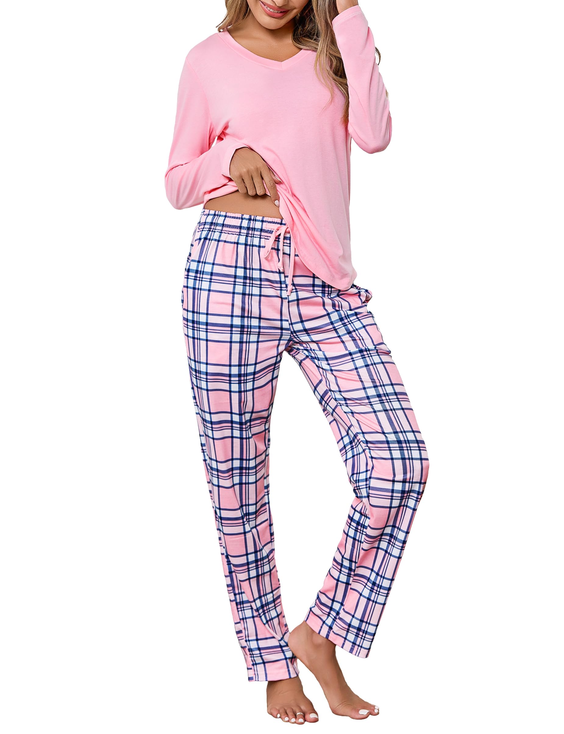 Litherday Pigiama Donna Invernale in Cotone Due Pezzi con Maglia a Manica Lunga e Pantaloni a Quadri Scollo a V Comodo per Casa Autunno Inverno S-XXL