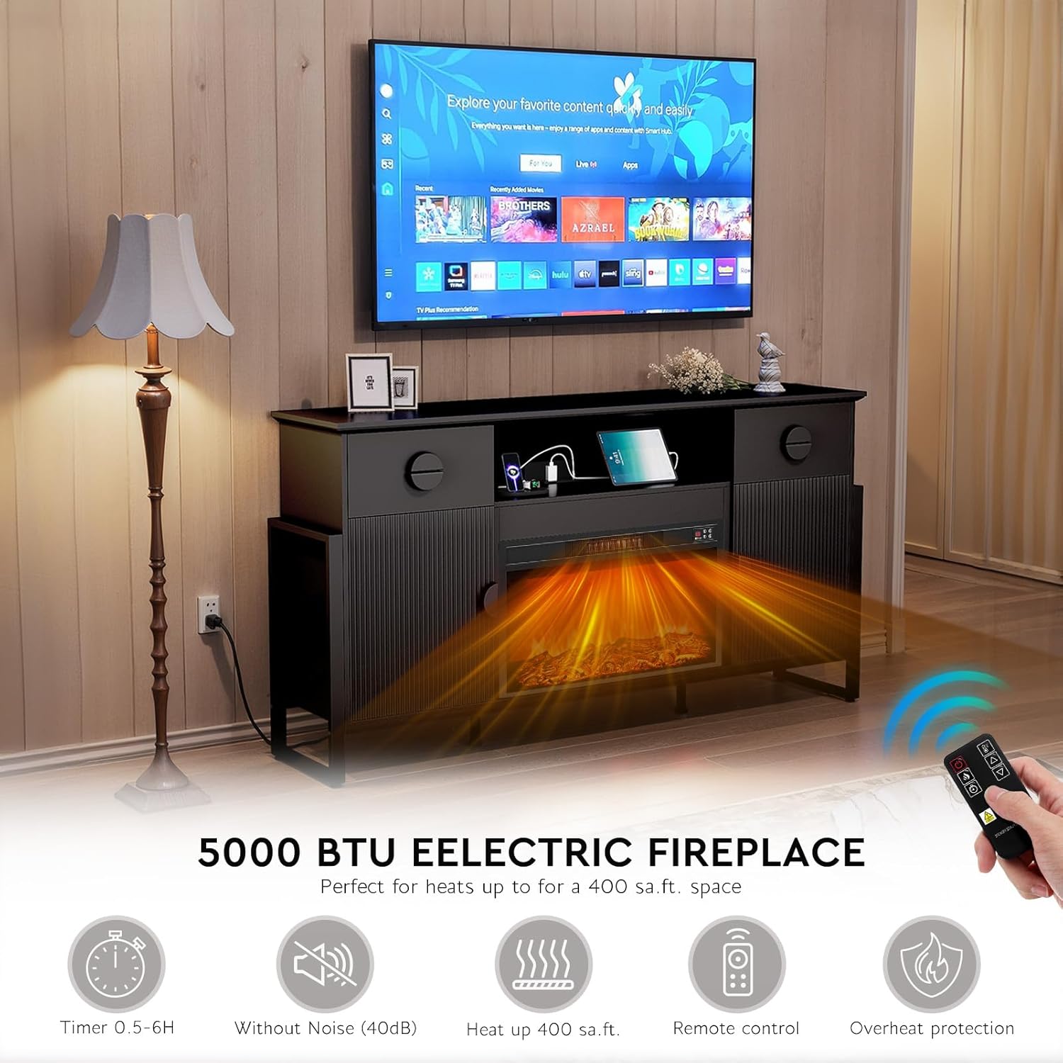HolliWill 70" Fluted Fireplace TV Stand for 75/80 inch TV, Modern Entertainment Center with 30" Electric Fireplace, Built-in Charging & Large Drawers, Storage Cabinets for Living Room,Black