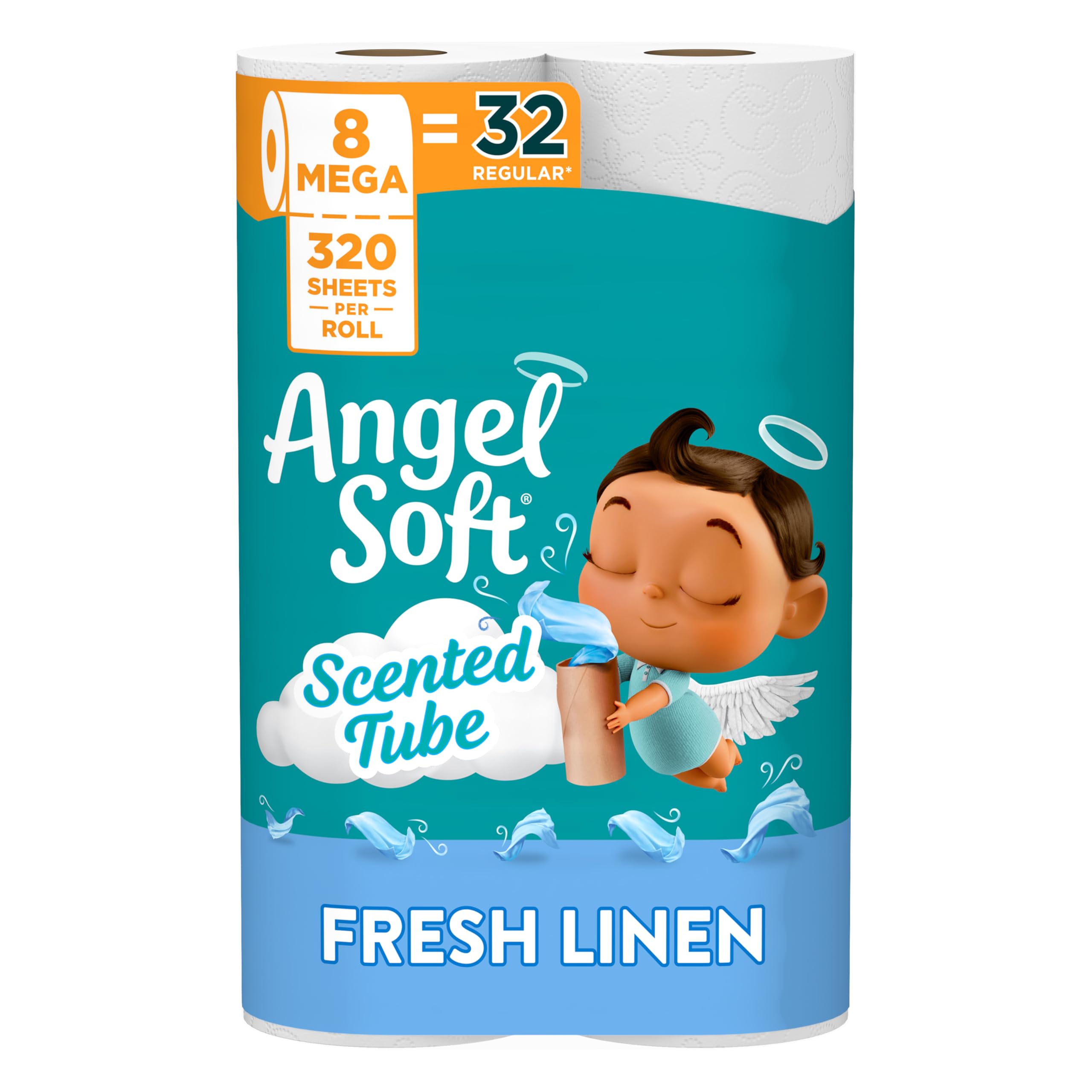 Angel Soft Carta igienica con tubo profumato fresco lino, 8 rotoli mega = 32 rotoli normali, carta igienica morbida e resistente