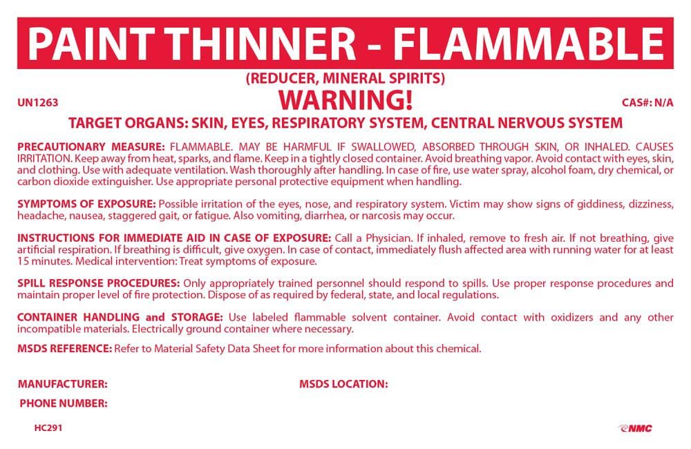 National Marker Corp. HC291 Container Labels, Paint ThinnerFlammable, 3 1/4 Inch X 5 Inch, PS