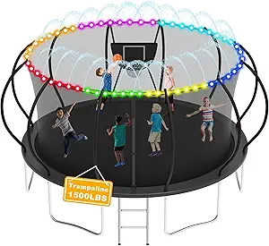 1500LBS Tranpoline Outdoor 8 10 12 14 16FT Tranpoline for Kids and Adults,【Easy to Install & Built to Last】 Recreational Tranpolines with Net, Light+Sprinkler, Basketball Hoop, ASTM Approved