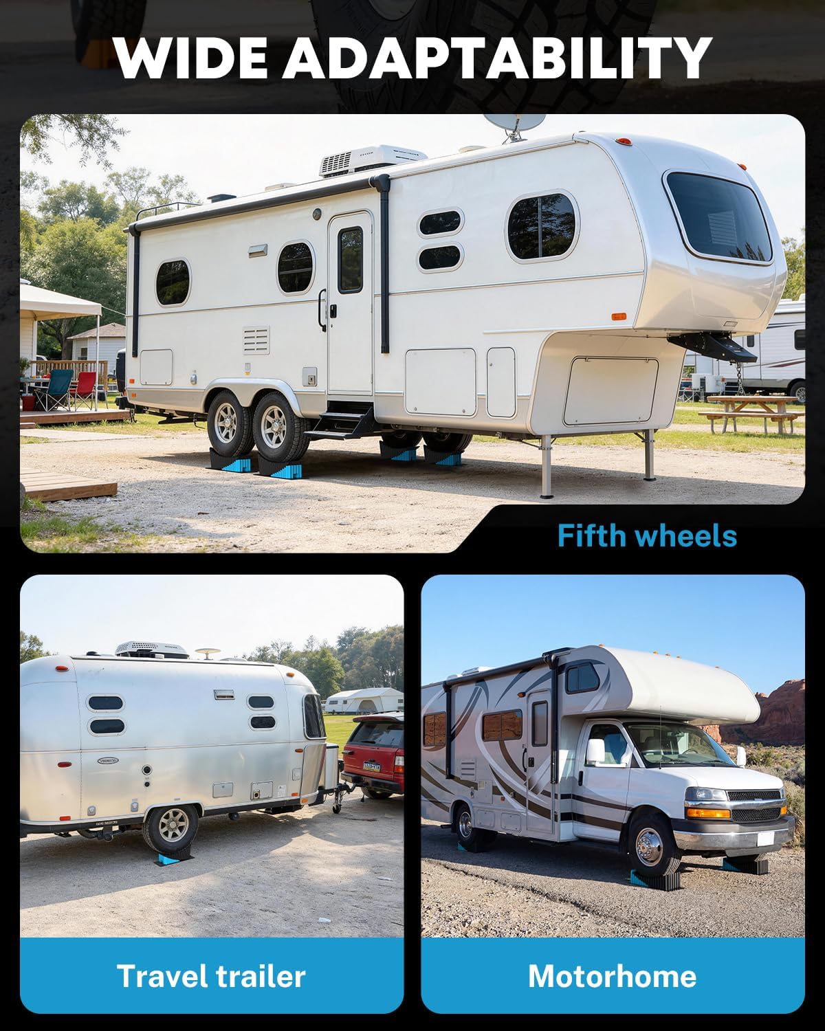Kohree RV Leveling Blocks, Levels Up to 5", Supports Up to 50,000 lbs, Curved Camper Levelers with Wheel Chocks, Rubber Mats & Carry Bag for Travel Trailers & Fifth Wheels, Blue