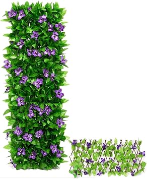 Artificial Ivy Fence Screening - Expanding Garden Trellis Panels, Garden Privacy Screen With Artificial Ivy And Violet Flower, GardenFence Screening ForGarden, Backyard, Balcony 40x200cm Expanded