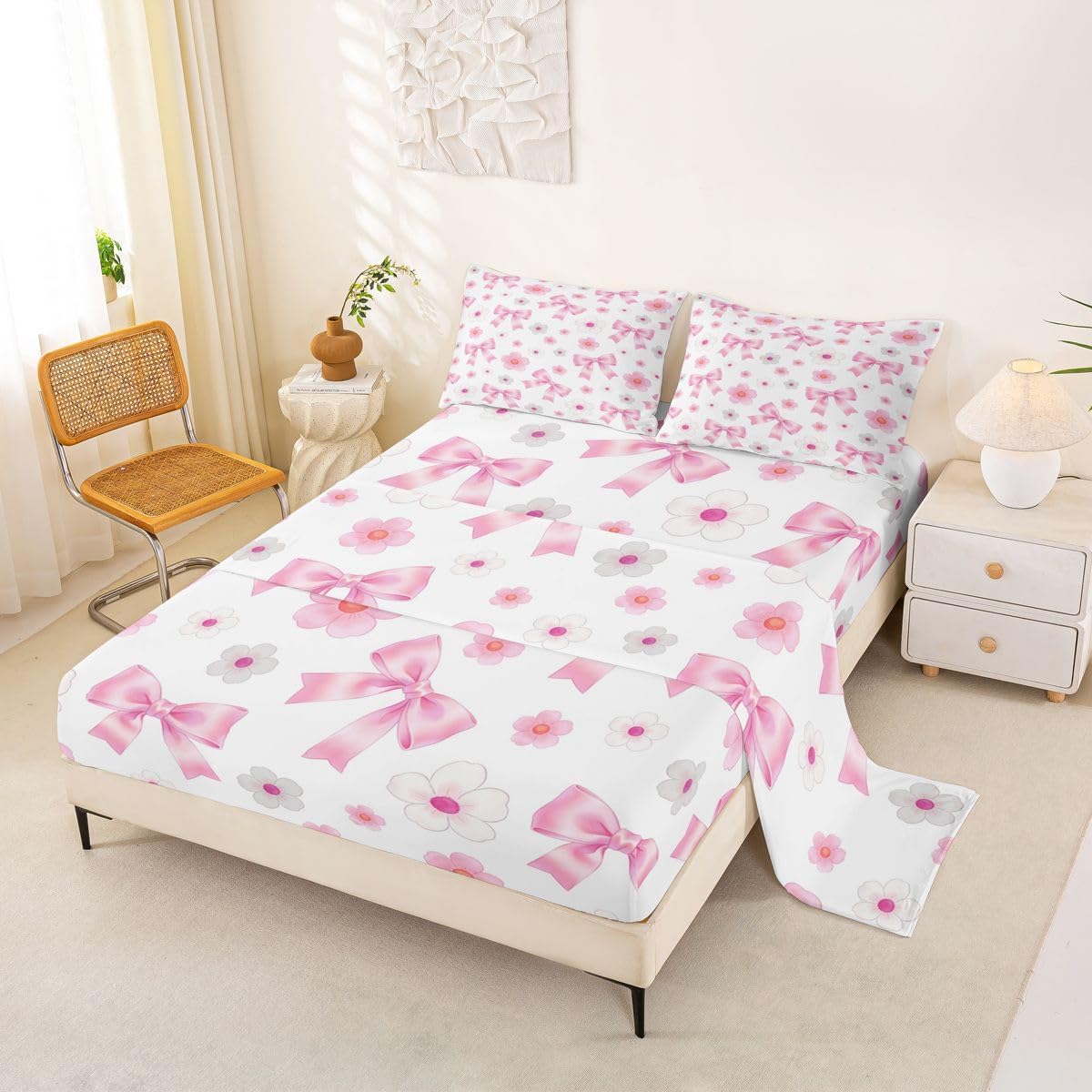 Erosebridal Cute Bowknot Kids Sheet Set Pink Bow Princess Queen Bed Sheets Set Watercolor Bow Knot Sheets Simple Pink and White Flat Fitted Sheet for Boys Girls Teens