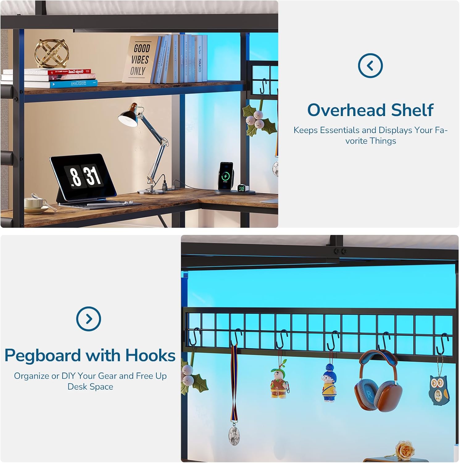 Full Size Loft Bed with U-Shaped Desk, 7-Drawer Storage and 2-Tier Shelves, Built-in Charging Station and RGB LED Lights, Heavy-Duty Metal Frame with Safety Guardrail and Ladder, Bed for Kids & Teens