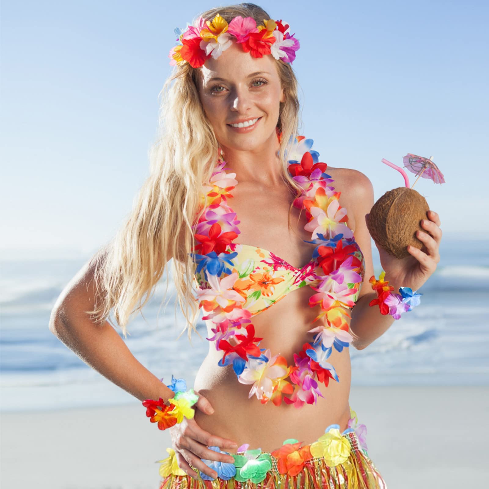 Jupe Hawaïenne femme verte avec fleurs (45cm) chez DeguizFetes