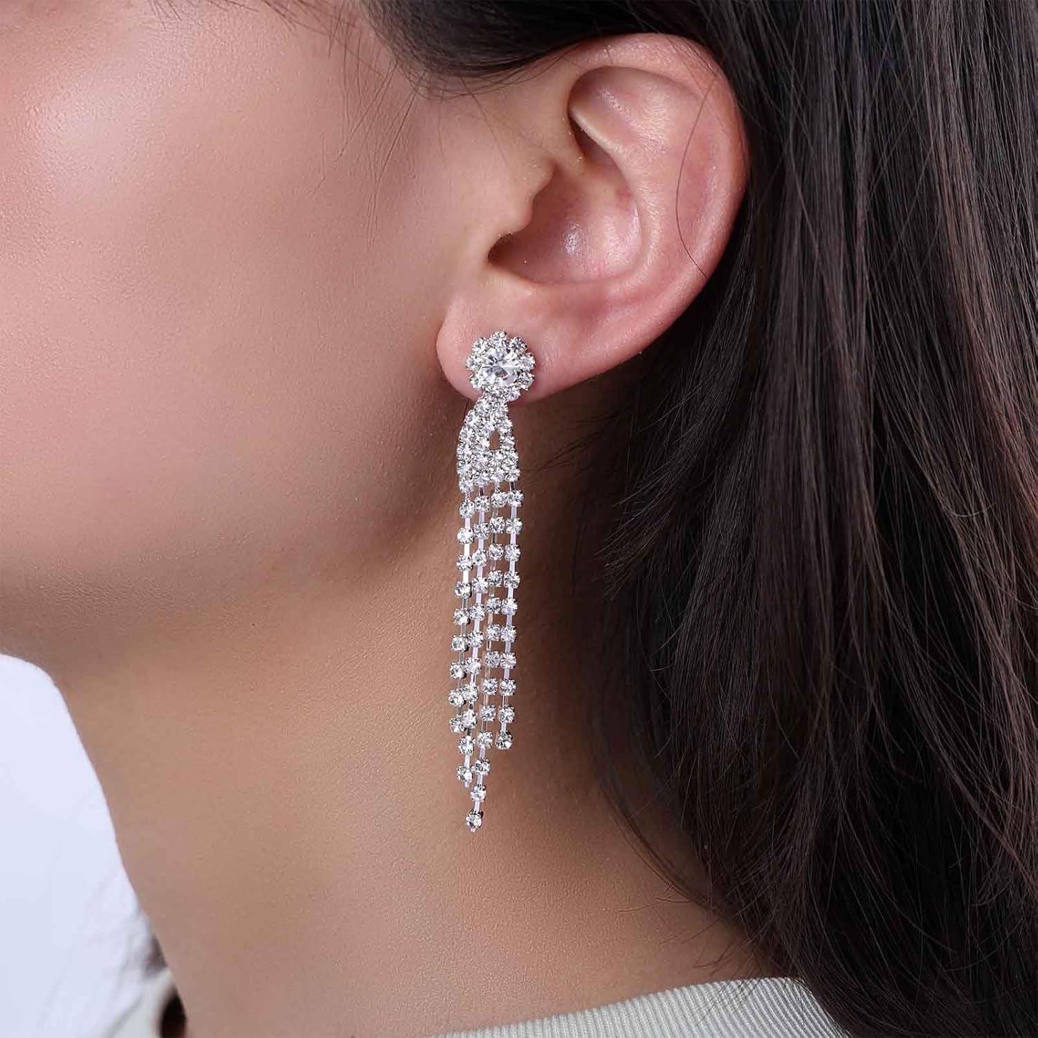 Rhinestone Tassel Drop Earrings Silver Crystal Chandeliers Earrings Long Rhinestone Earrings Cz Tennis Chain Earrings Wedding Birdal Earrings Jewelry for Women - Image 5