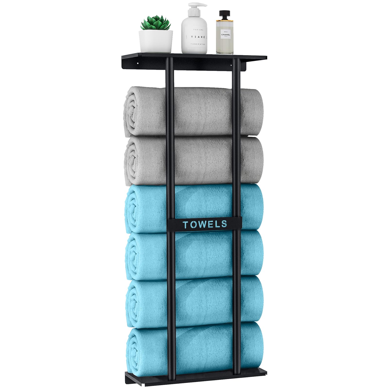 STWWO Toallero de Baño de Pared 76cm Toallero Vertical con Estante Negro Almacenamiento para Toallas enrolladas Baño Soporte para Toallas de Mano Grandes Toallas de Playa, Metal