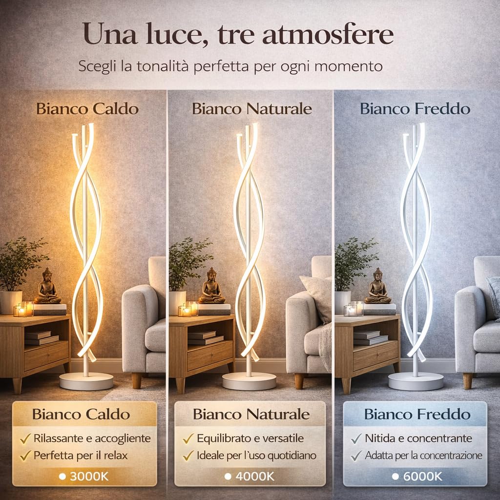 Arcadia Lampada da Terra LED Moderna Forma di Spirale | Piantana Design Contemporaneo | Luce Calda/Fredda | Lampada Salotto Camera da Letto Studio, Arredo Interni Elegante 150 cm (Bianco)