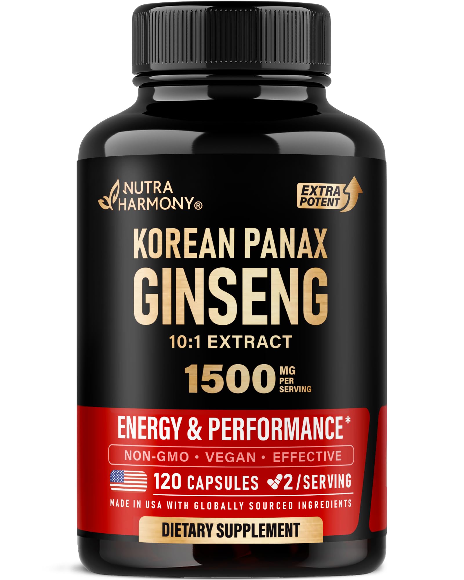 Panax Ginseng 1500 mg - Red Korean Ginseng Supplement for Men - Extra Strength 10:1 Extract - Energy, Focus, Productivity & Performance - Natural & Vegan - Lab Tested - 120 Capsules, 2 Month Supply