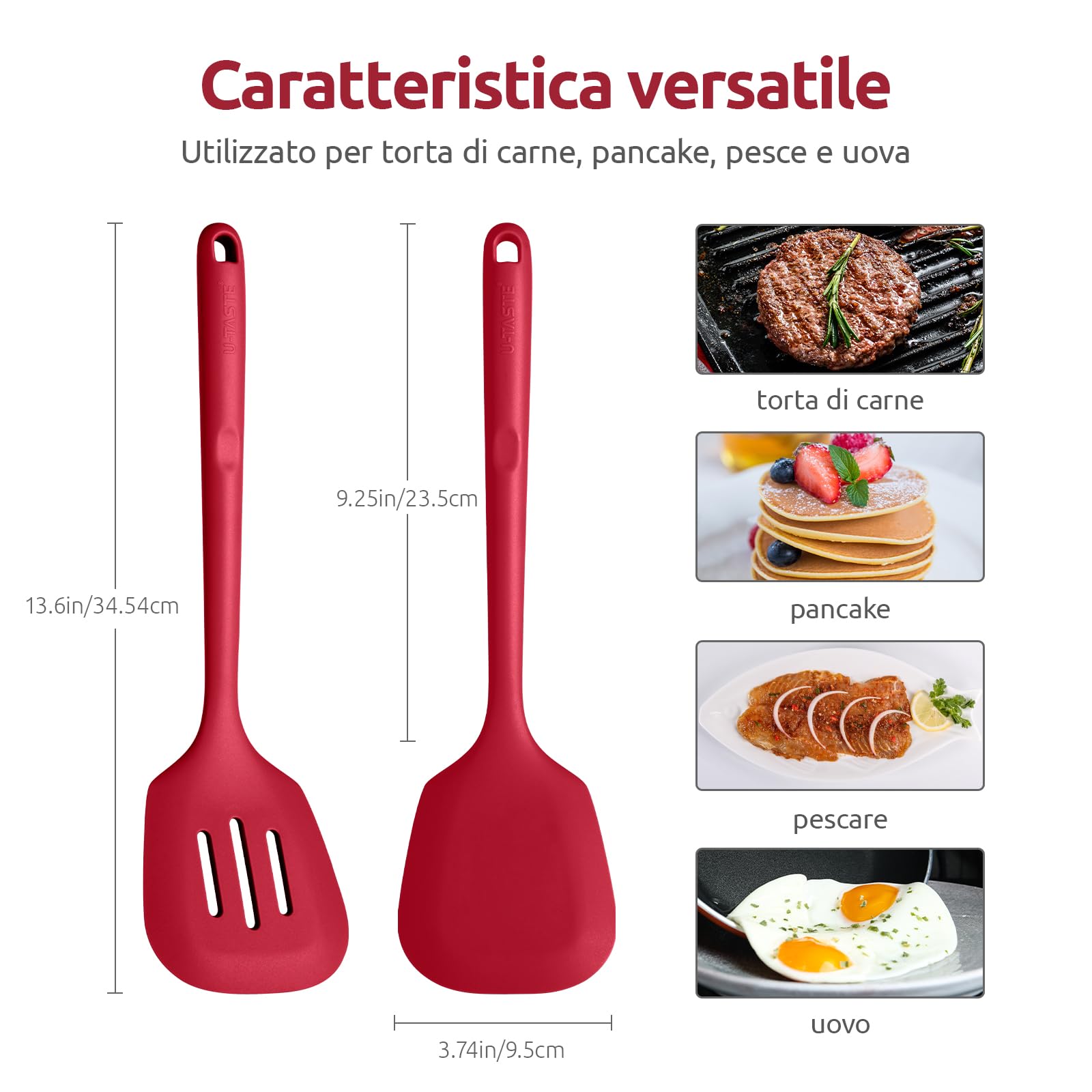 U-Taste Extra lunga spatola in silicone: Spatola da cucina solida e scanalata resistente al calore a 315 ℃, flipper da cucina per friggere pancakes di pesce (Rosso, 2 pezzi)