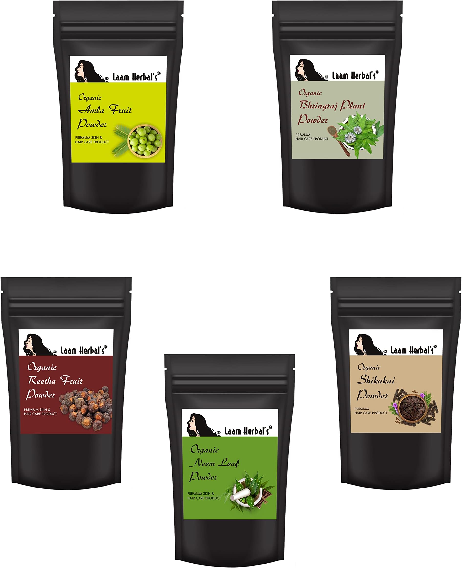 Laam Amla, Reetha, Shikakai, Bhringraj & Neem Powder | Controls Fall, Hair Greying, Dandruff, Treats Damaged Hair & Scalp | Results in One Wash | Long, Strong & Natural Hair (5X100 g)